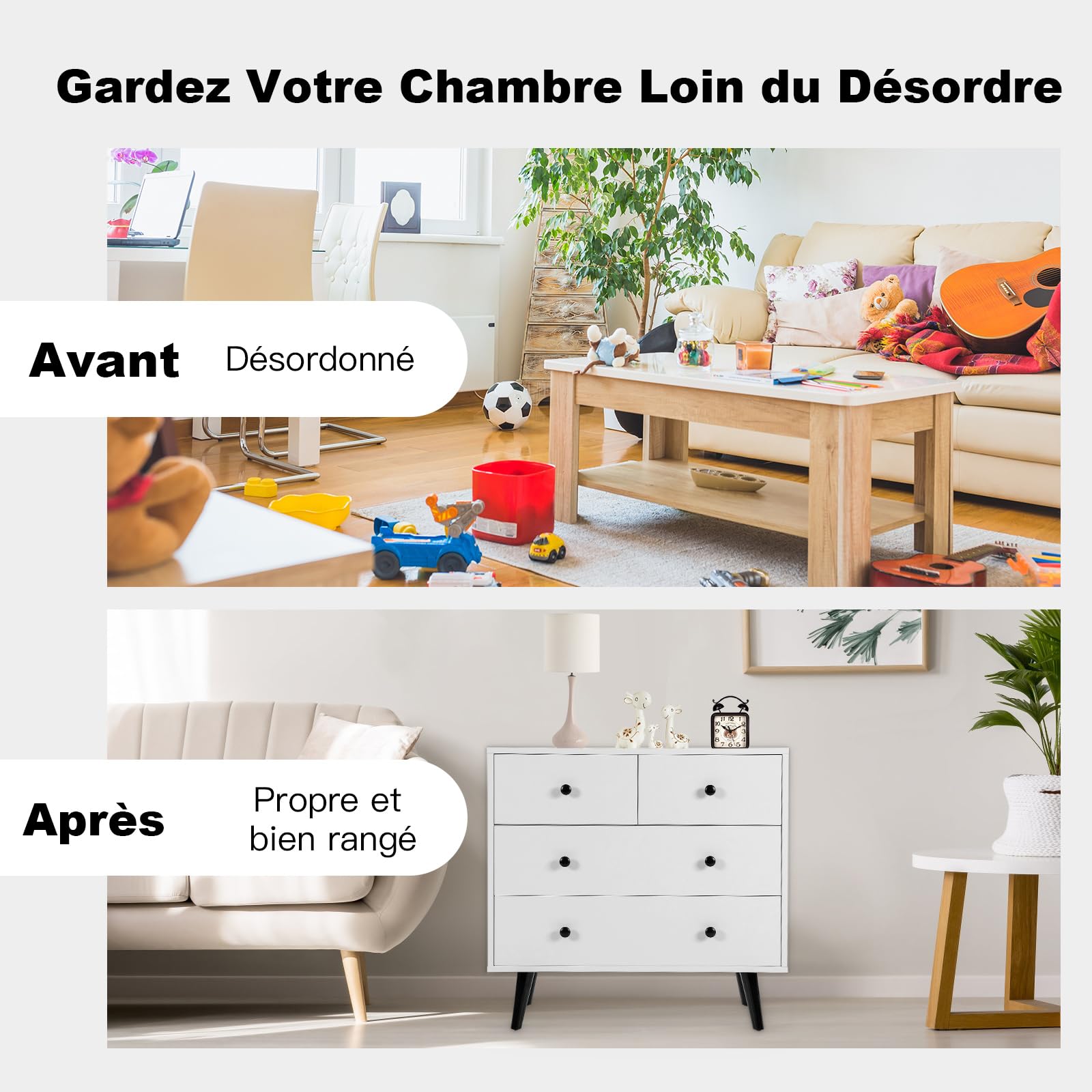COSTWAY Commode Chambre 4 Tiroirs, Commode de Rangement en Bois, Kits Anti-Renversement, Chiffonnier Commode Blanc pour Chambre, Salon