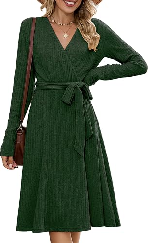 ZAFUL Fall Dresses for Women 2025 Long Sleeve V Neck Ribbed Knit Pleated Sweater Dress with Belt for Wedding Guest Casual Classic A Line Flowy Midi Business Outfits Going Out Work Wear Green L