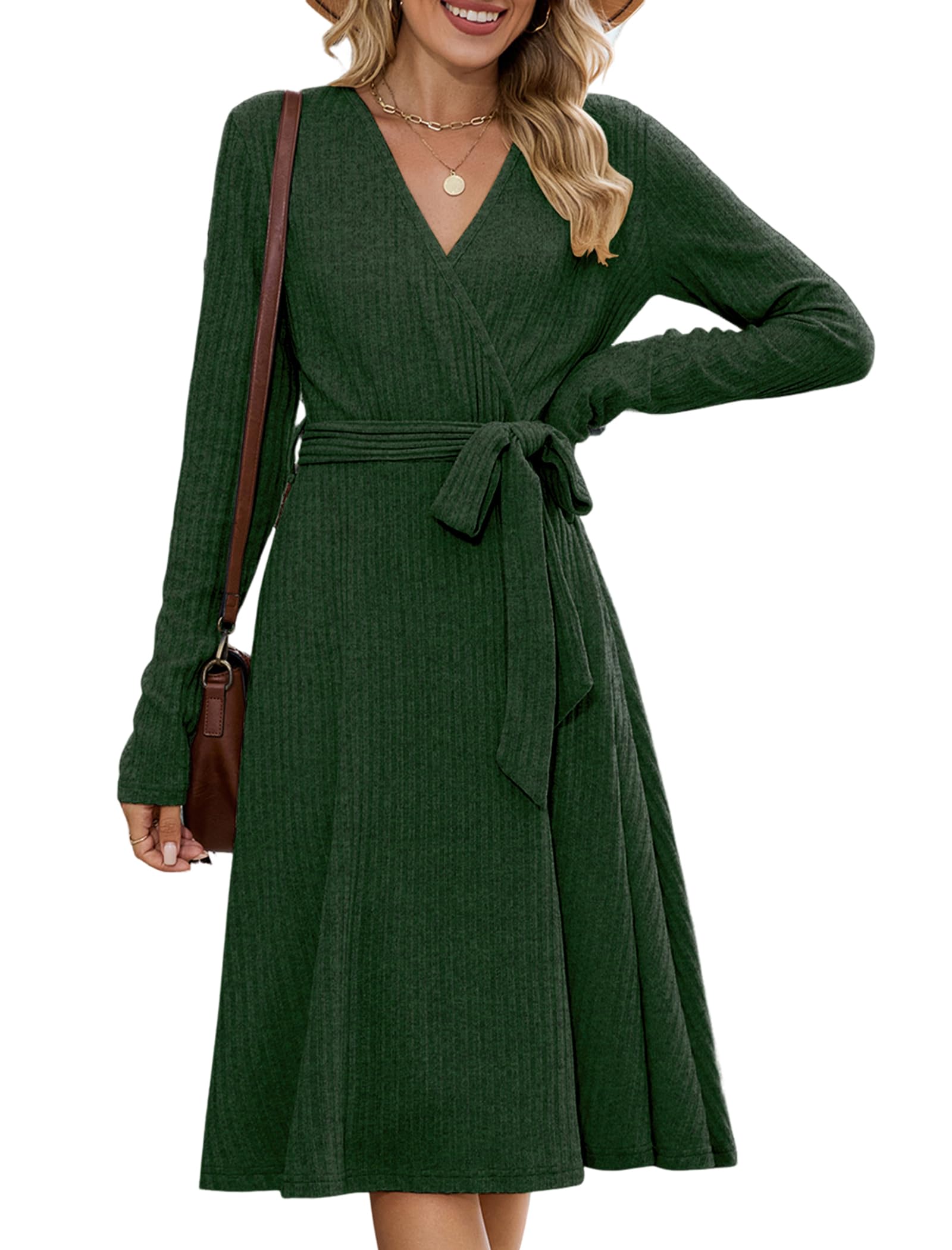 ZAFUL Womens 2025 Casual V Neck Long Sleeve Sweater Dress Wrap Ribbed Knit Pleated Midi Dresses with Belt