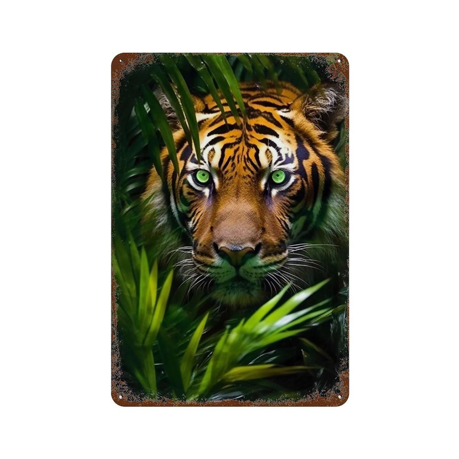 Rust Effect A Tiger in Jungle Rustic Tin Plaque 11.8"x7.9", Industrial Home Decor for Bistro, Counter And Cafe Decor