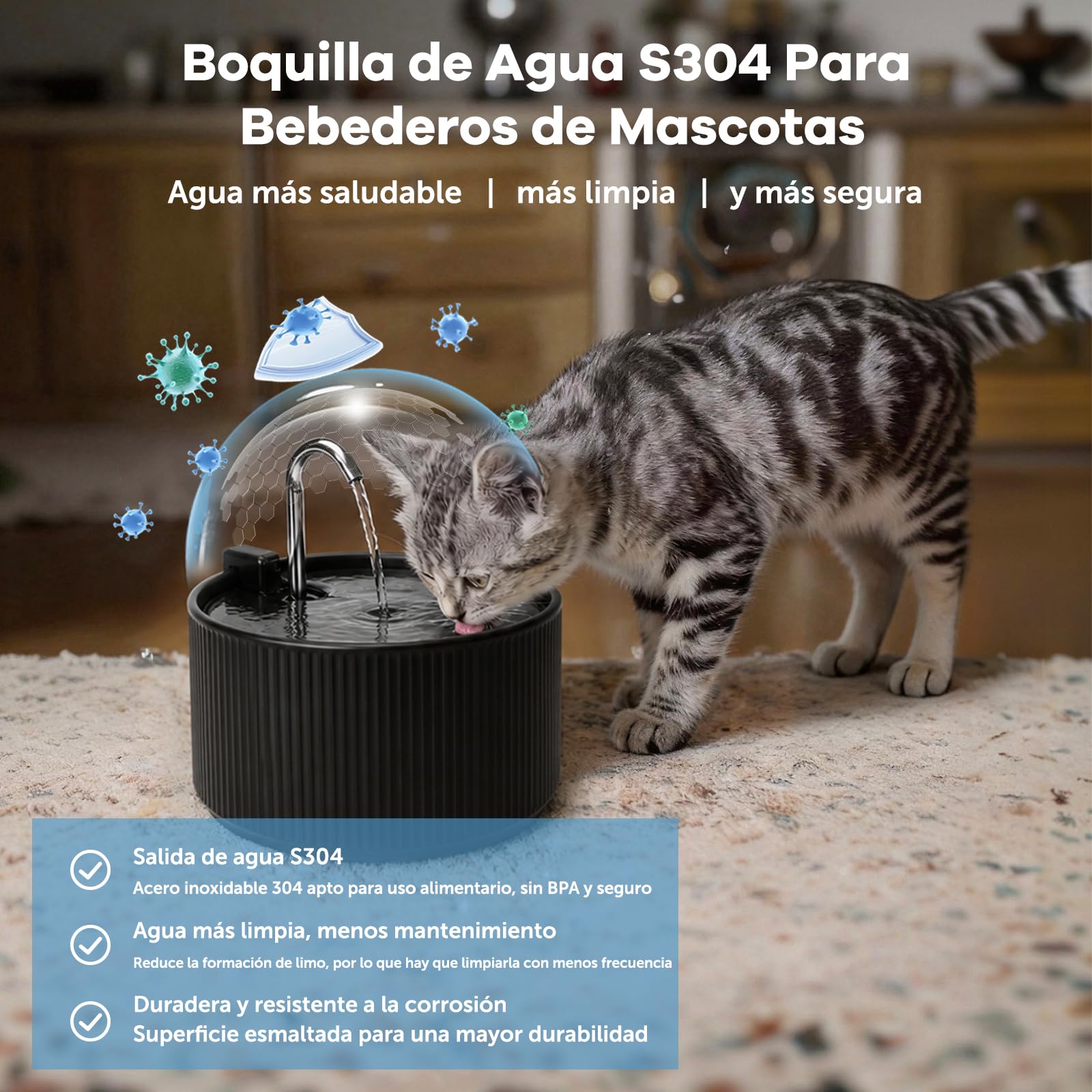 Fuente para gatos de cerámica, 2,2 L, para gatos, cerámica, dispensador de agua silencioso, dispensador automático de agua para mascotas, con sistema de filtro, color negro