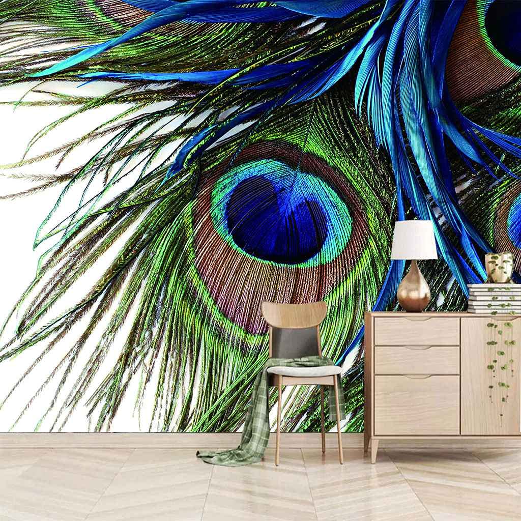 Papier peint murale plumes de paon déco chambre enfant 3D