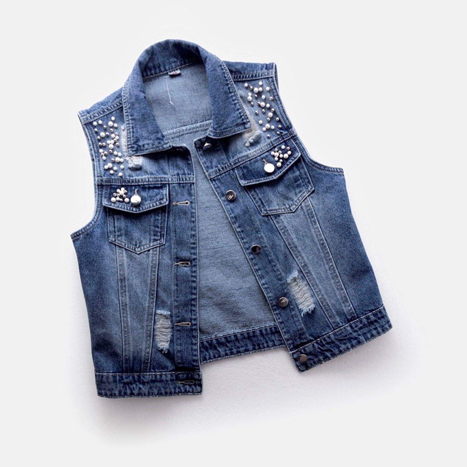 Gilet di jeans da donna, senza maniche, oversize, in jeans da donna, leggero, con perle, con bottoni, elegante, in denim