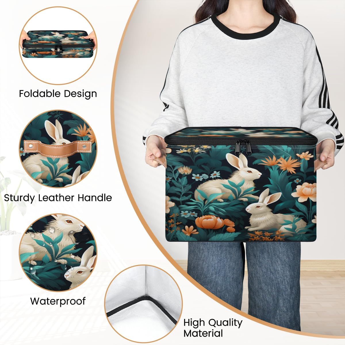 Storage Bin Set of 2 Bunny Flower Leaf Storage Basket with Zipper Lid & Handle Foldable Closet Shelf 2 Pack Cloth Organizer Basket Cube Bins Clothes Organizer for Bedroom, Nursery