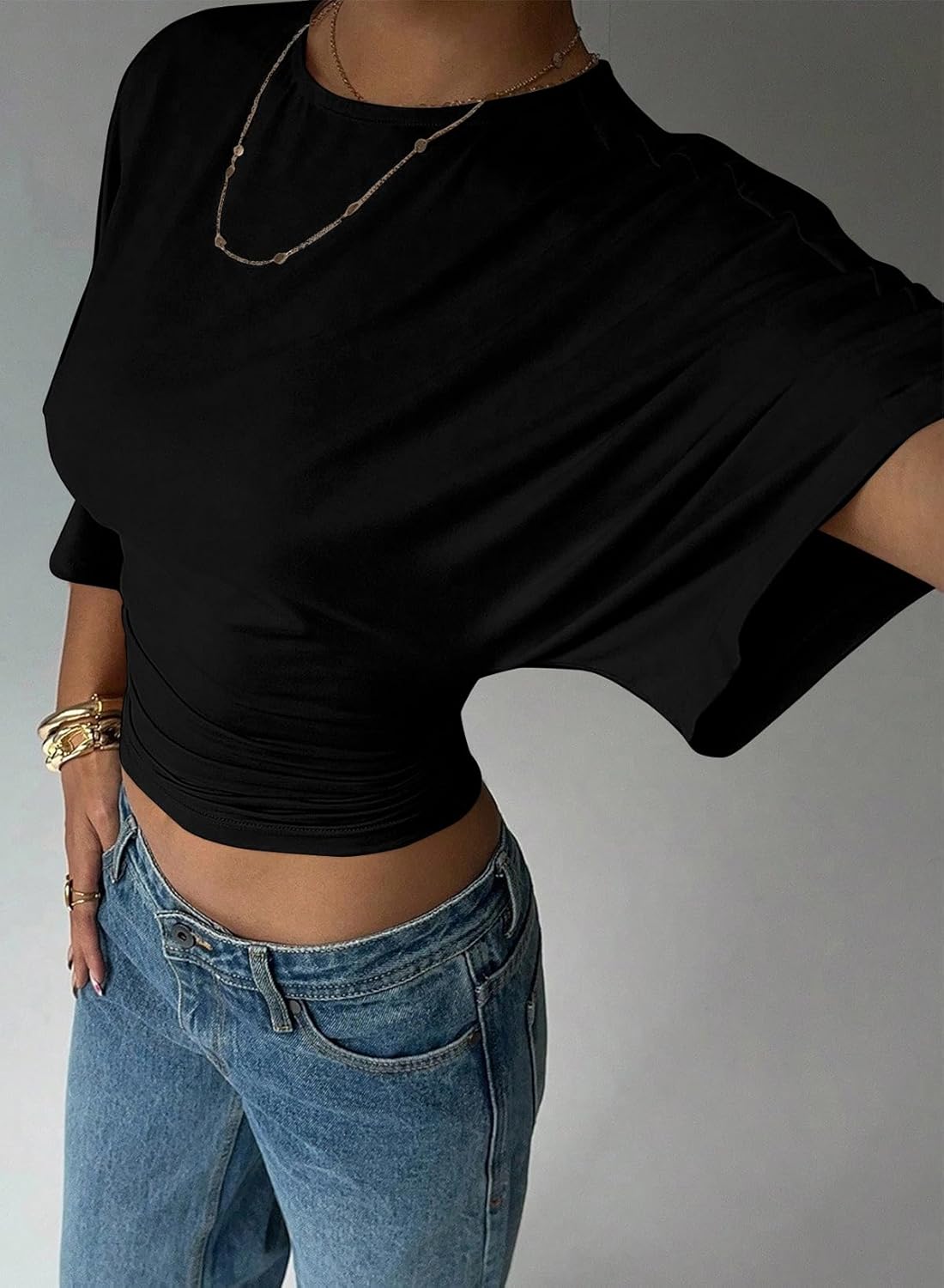 LOLONG Womens Crew Neck Half Sleeve Ruched Shirts Summer 2026 Casual Cinched Waist Crop Tops - Image 4