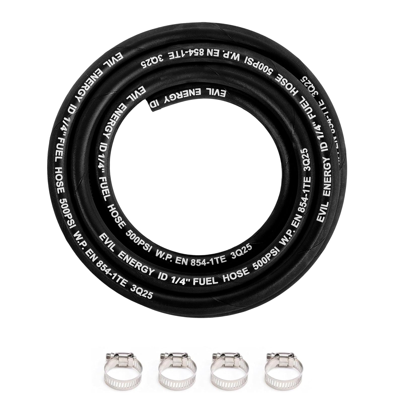 EVIL ENERGY 1/4" High Pressure Fuel Line Hose 10FT 500PSI E85 for Fuel Systems Engines NBR Rubber EN854-1TE Black