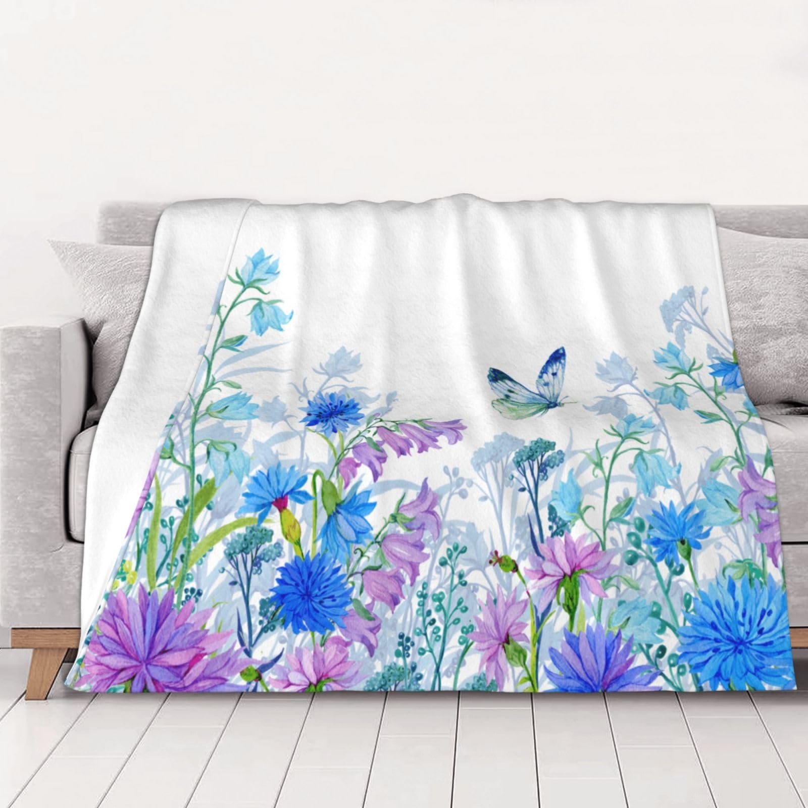 AUBKFELD Dragonfly and Flowers Printed Flannel Blanket 125x100 CM, Soft & Warm Throw Blanket for Sofa/Couch/Bed/Car, Gifts for Audlts Women Men