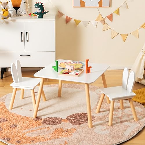 Miniatura 9 de HONEY JOY Juego de mesa y silla para niños, juego de mesa de actividades y 2 sillas de madera para niños, patas de madera maciza, fácil montaje,