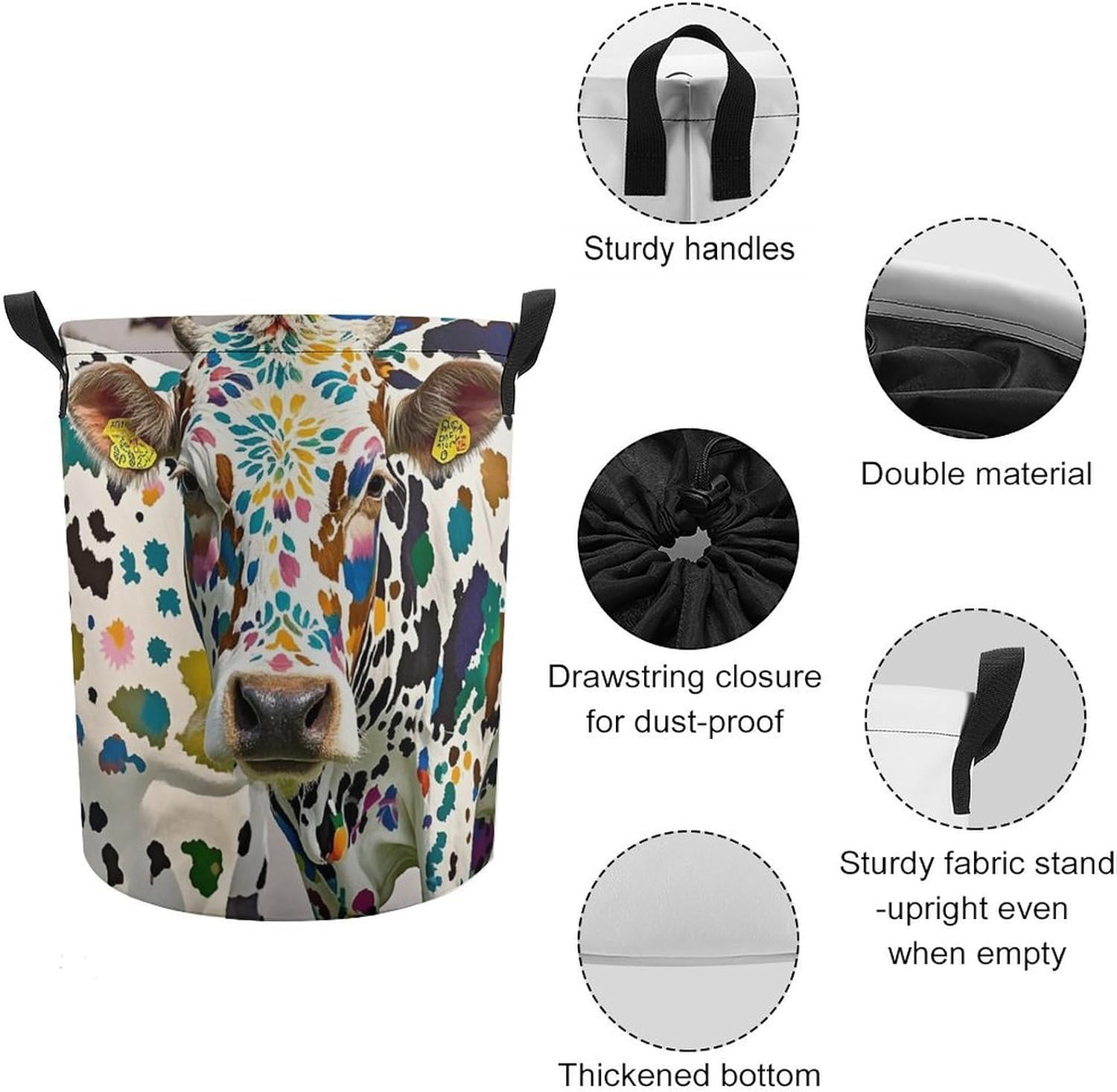 Cow Spot Laundry Bag Large Collapsible Laundry Baskets Freestanding Waterproof Clothes Hamper with Handles & Drawstring for Laundry Room Bedroom Bathroom