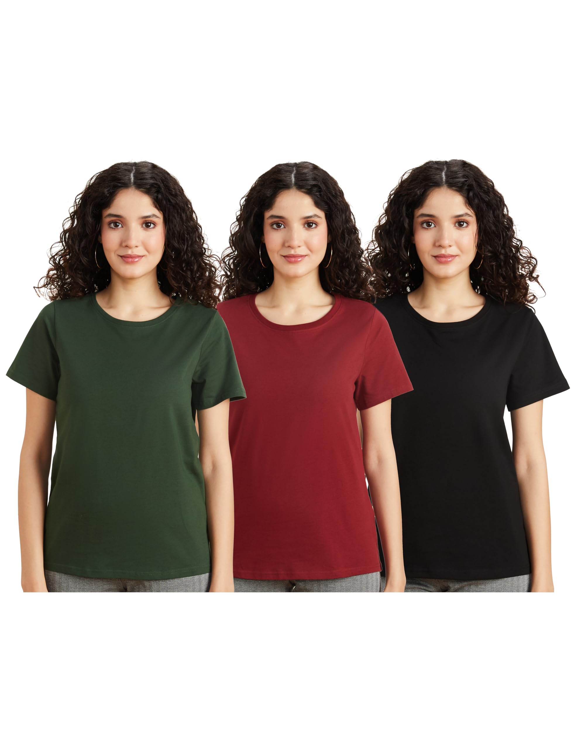amazon brand - symbol Women's Solid Cotton Stretch Half Sleeve Round Neck Regular Fit T-Shirt (Pack of 3)-picture-16