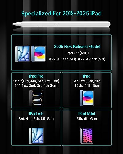 Miniatura 6 de Lápiz óptico para Apple iPad 2018-2025, compatible con lápiz, duración de batería 3X, carga rápida USB-C, inclinación y rechazo de palma, para iPad