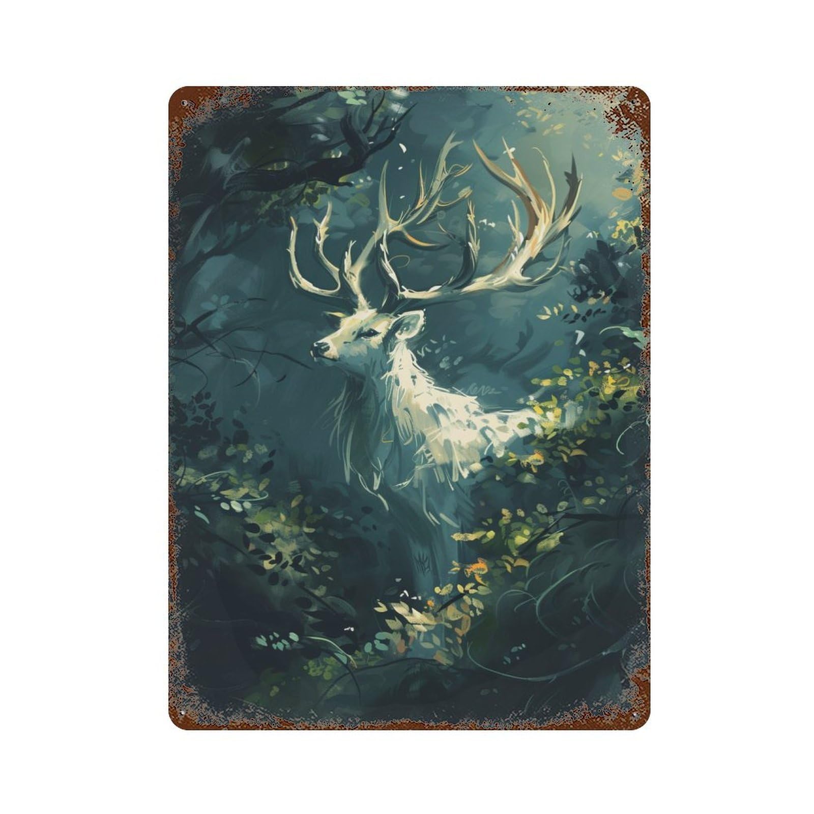 Aged Metal Wall Plaque with White Deer in Jungle Design 15.7"x11.8", for Pub, Kitchen And Man Cave Decor, Shabby Chic Decor
