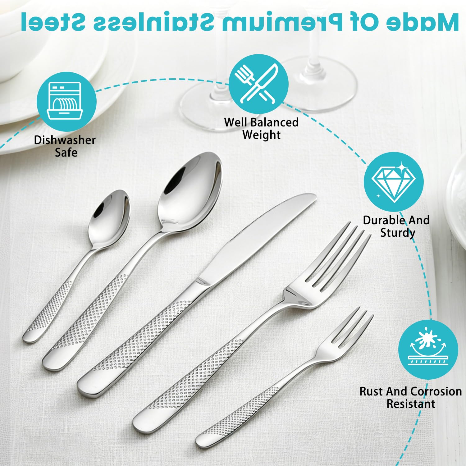 Set Posate Acciaio Inox 36 Pezzi per 6 Persone, 6 Forchette, 6 Forchette da Dolce, 6 Coltelli, 6 Cucchiai, 6 Cucchiaini e 6 Coltelli da Carne, Lavabile in Lavastoviglie