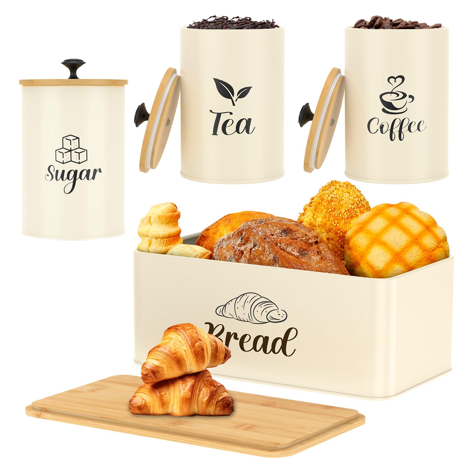 4Pcs Kitchen Canister Set,Bread Bin Tea Coffee Sugar Storage Tins,Metal Storage Jars with Airtight Bamboo Lids,Round Canisters Set Rectangle Biscuit Container for Kitchen Counter Organization(Beige)