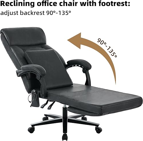 Miniatura 5 de DYHOME Silla de oficina de cuero negro con masaje y reposapiés, sillas de escritorio resistentes, sillas ergonómicas giratorias para juegos de