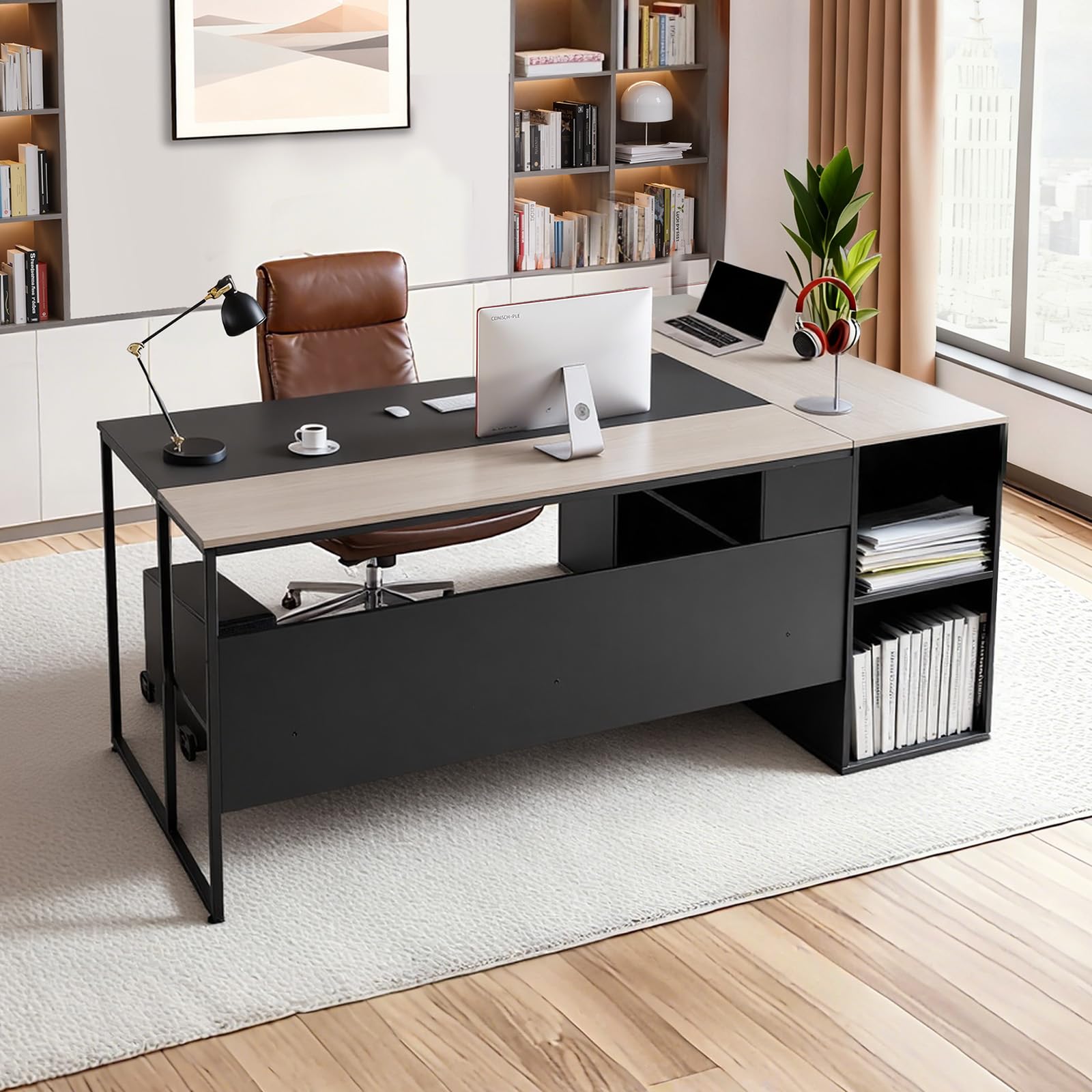 VEVOR Scrivania Direzionale a L, Ampia Scrivania in Legno Moderna per Ufficio con Cassetti, Mobiletto Portaoggetti e Supporto per CPU, Capacità di Carico di 158,7 kg, per Computer per Lavoro, Studio