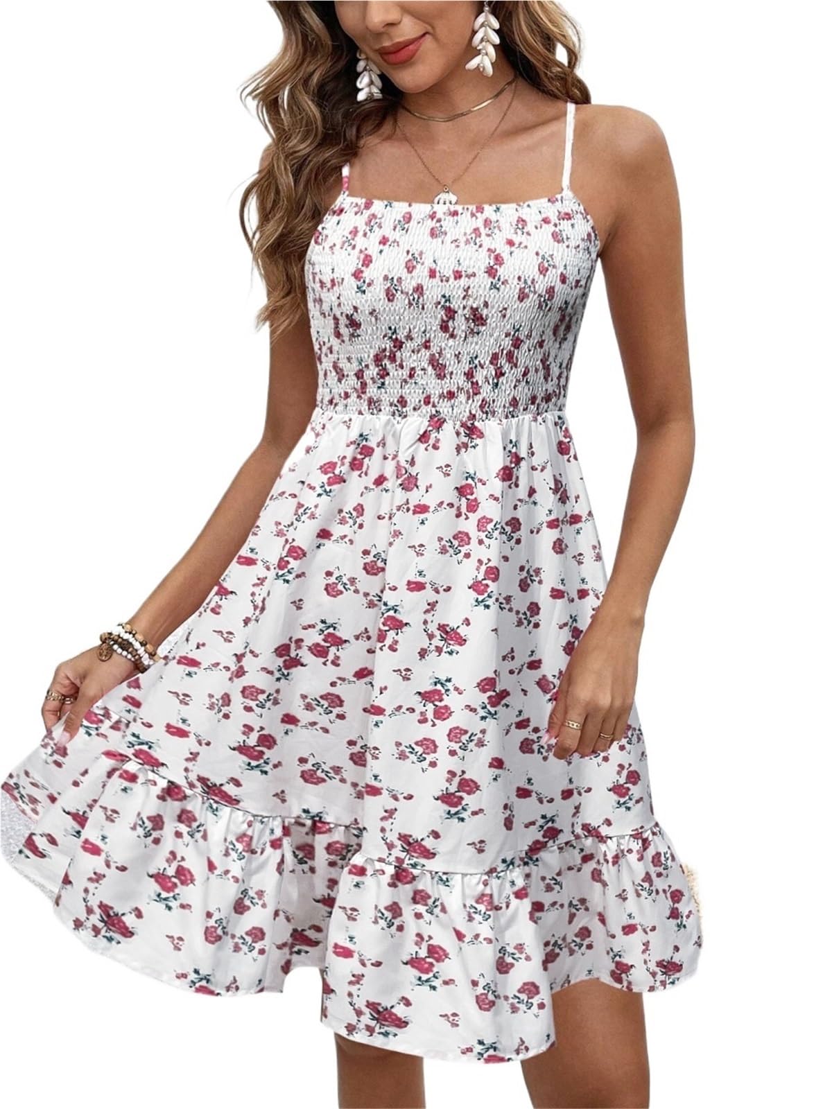Vestido de Playa for Mujer, Estampado Floral, Fruncido, Tirantes Finos, Vestido Verano con Volantes, Maxi Informal