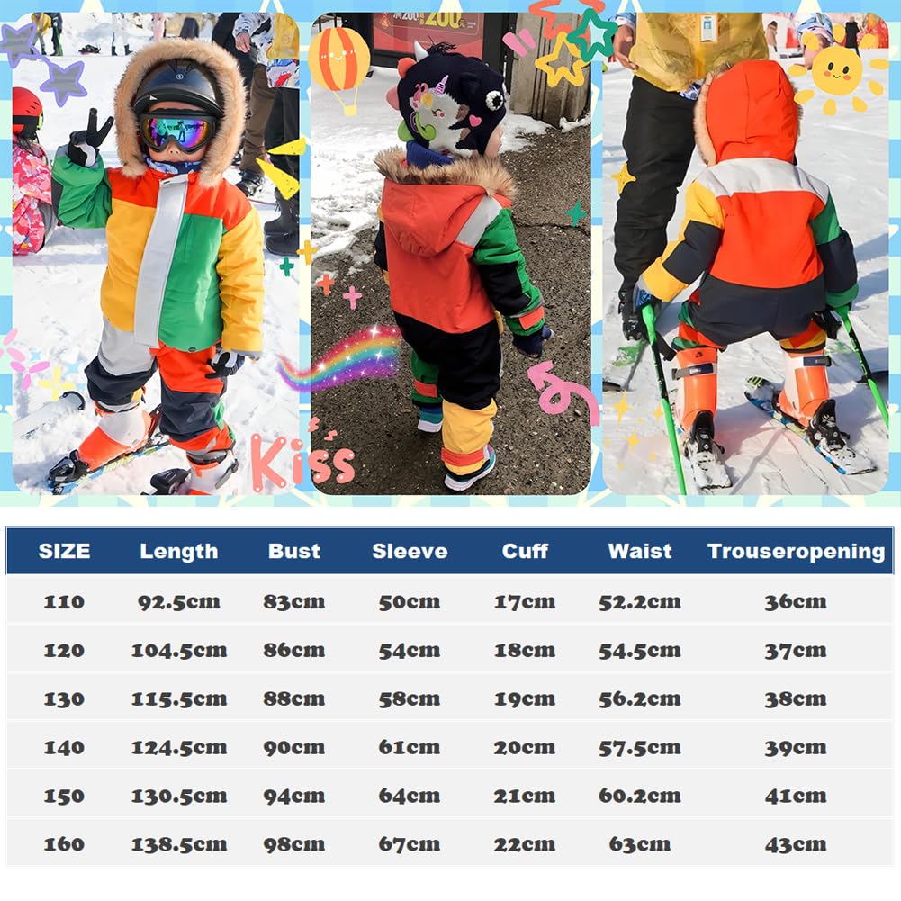 linboo Unisex Kinder Skioverall Wasserdicht Schneeanzug mit Kapuze Atmungsaktiv Schneeoverall Winddicht Skianzug für Jungen Mädchen Verdickt Warm Winteranzug