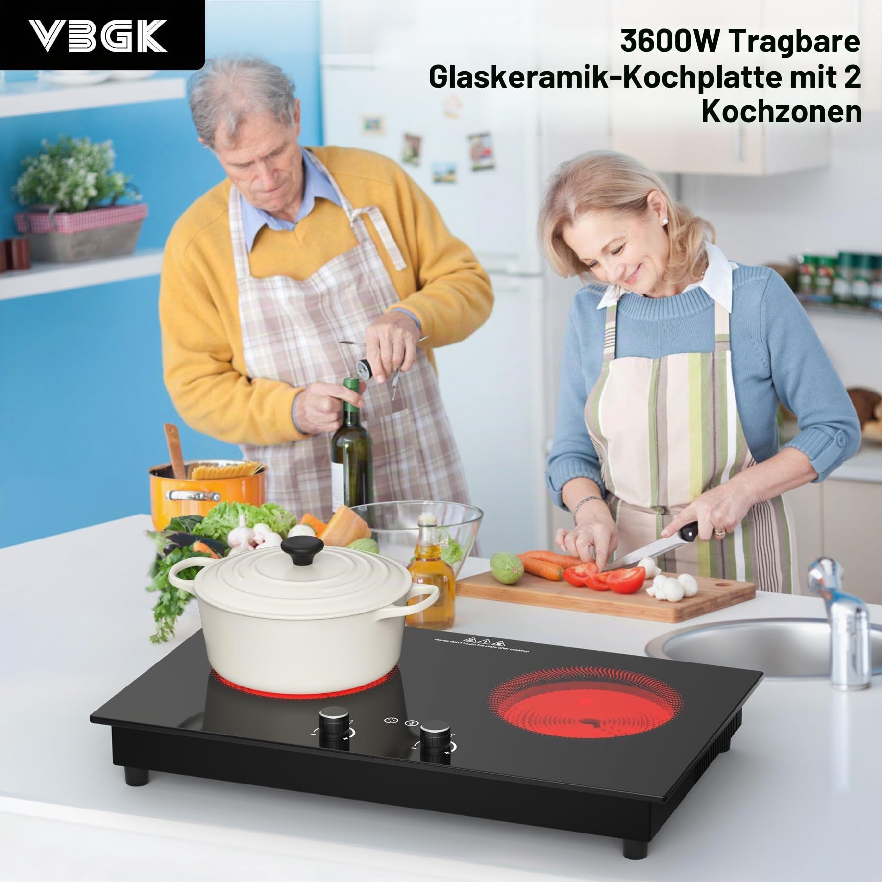 VBGK Elektroherd, 3600 W Glaskeramikkochfeld 2 Platten, Arbeitsplatte und integrierte Kochplatte mit Kindersicherung, Timer, LED-Touch-Knopfsteuerung, Überhitzungsschutz
