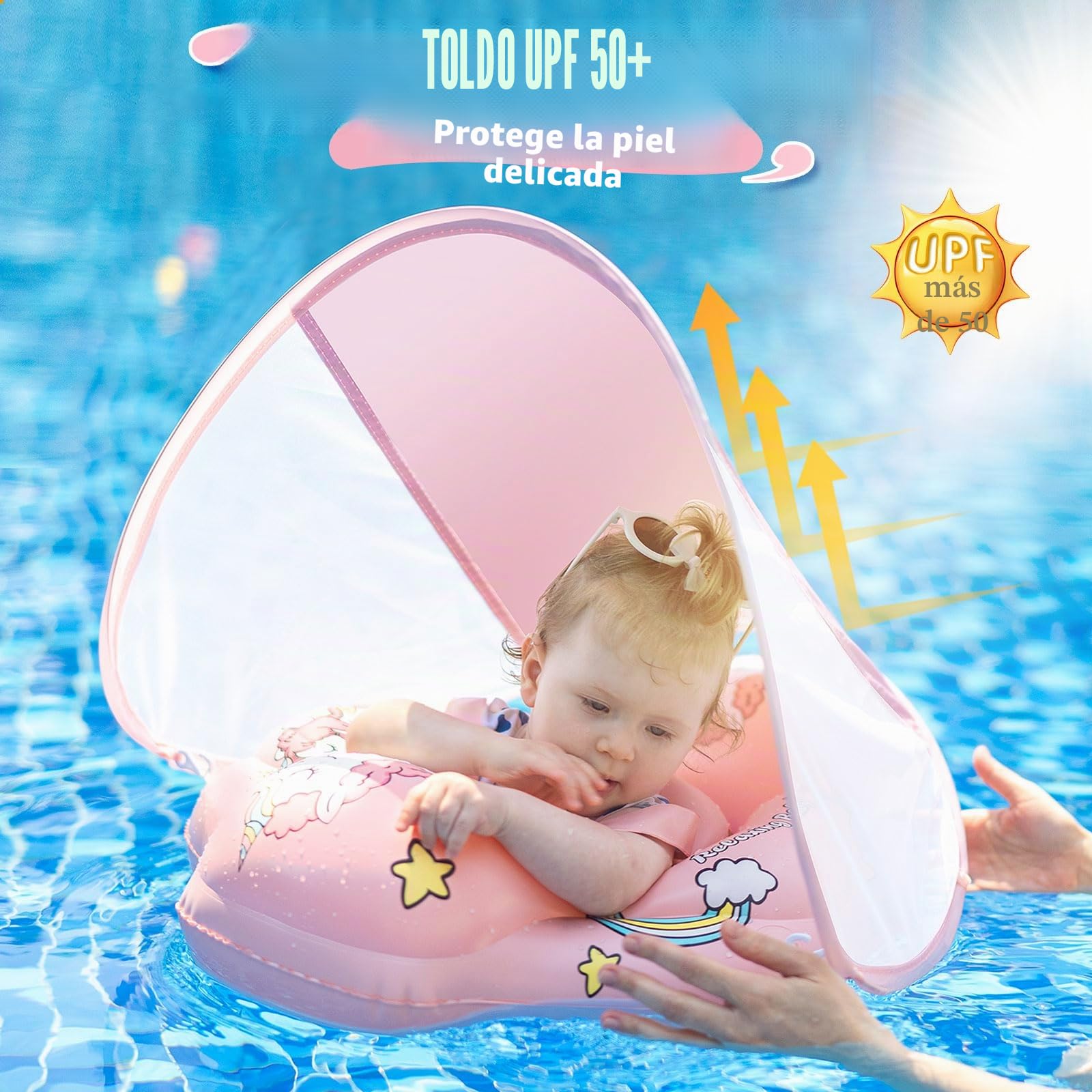 Flotador Bebe Inflable,Flotador Bebé con toldo de protección Solar UPF50+,Flotador Portátil Ajustable para Piscina de Bebé,Flotador de Piscina para niños pequeños para 3-24 Meses