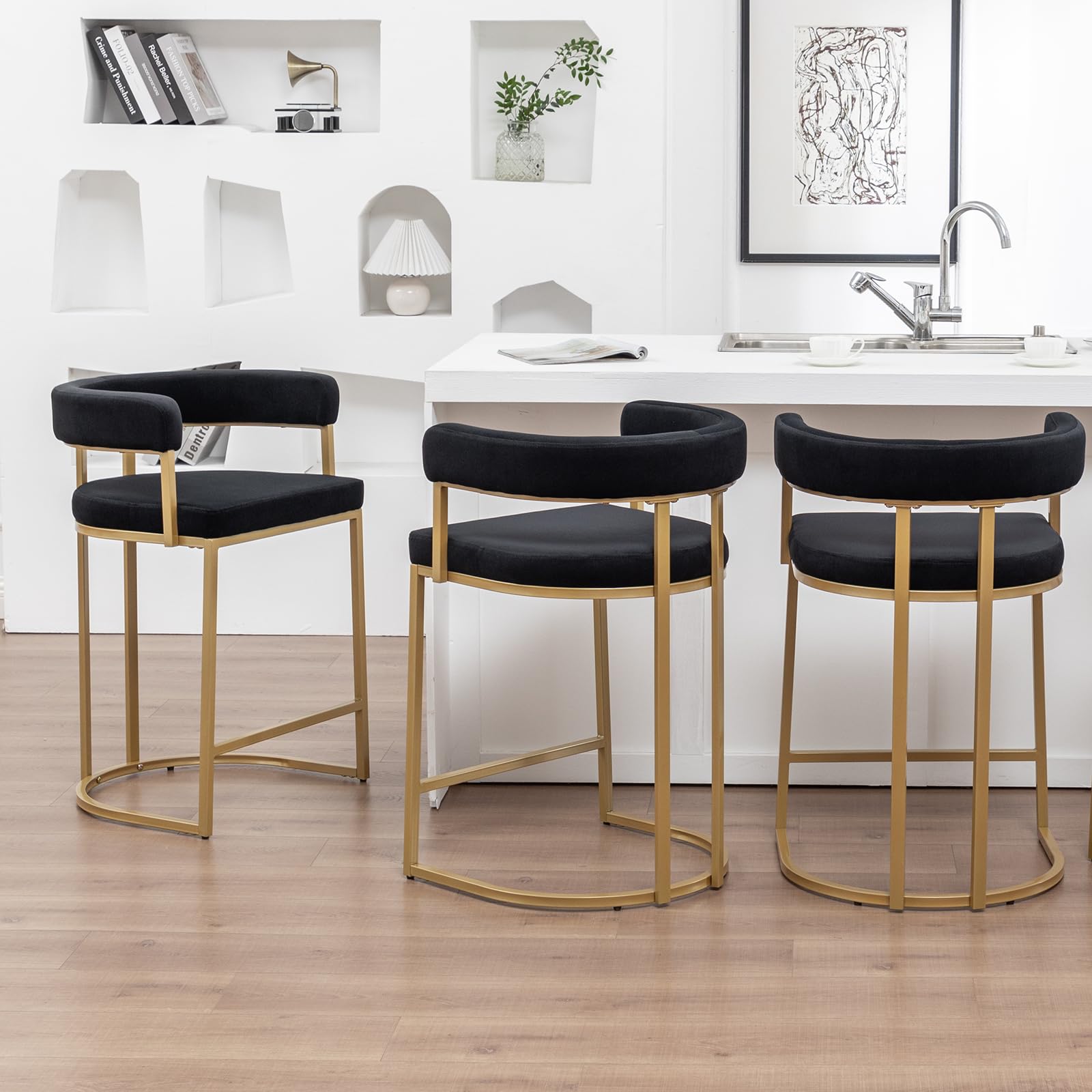 Reyxzoe Gold Counter Height Bar Stools Set of 3, Modern Velvet Barstools with Barrel Backs, 26 inch Upholstered Counter Stools for Kitchen Island,