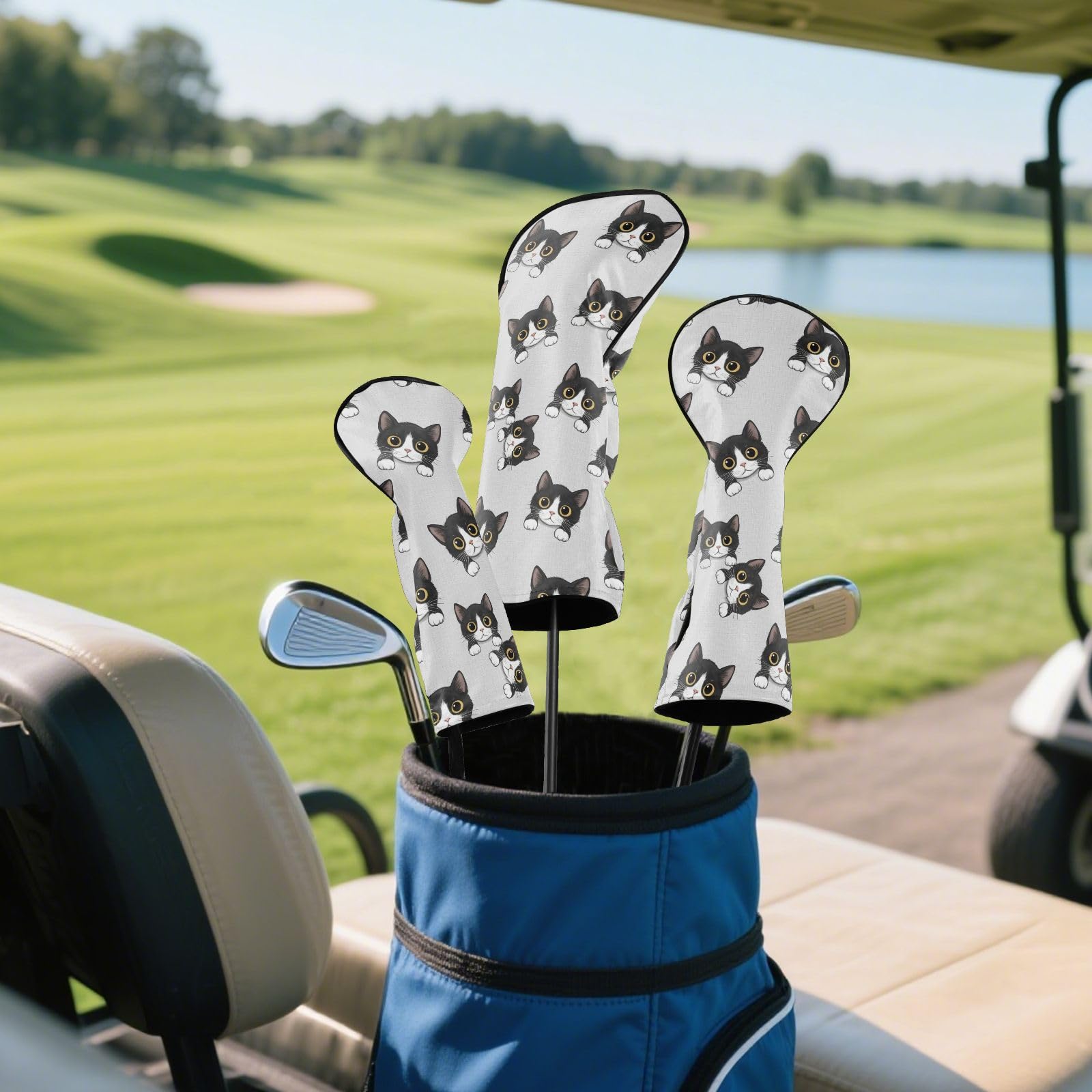 Copritesta per mazze da golf per mazze da golf in legno ibrido con simpatico gatto grigio in pelle PU con etichette numeriche, per donne e