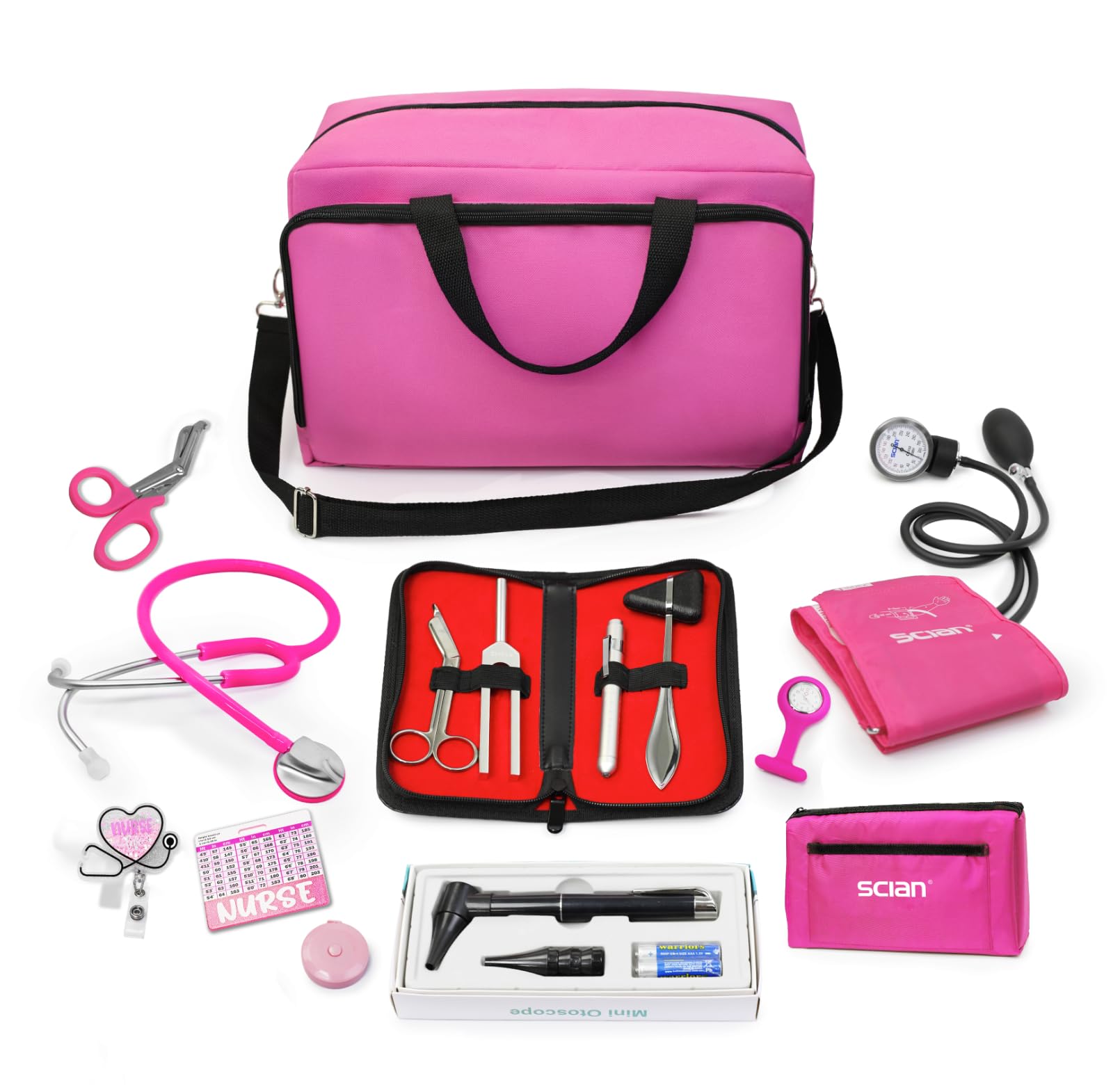 Scian Kit per infermiere da 13 pezzi, essenziale per il lavoro, regalo perfetto per studenti di medicina, borsa portatile con stetoscopio, sfigmomanometro, otoscopio, diapason, forbici mediche (rosa)