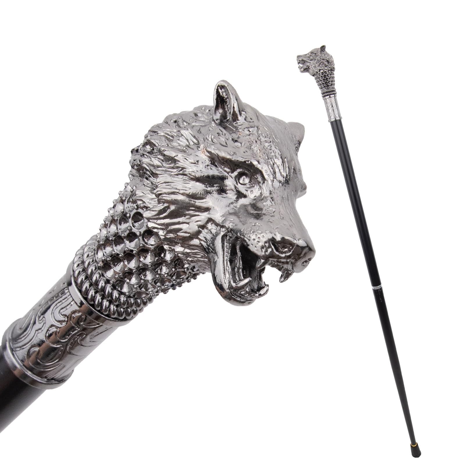 Bastón con Cabeza de Lobo Plateada, Estilo Británico, Metal Lujo, Elegante y Original para Hombres Mujeres, Ideal Fiestas Uso Diario