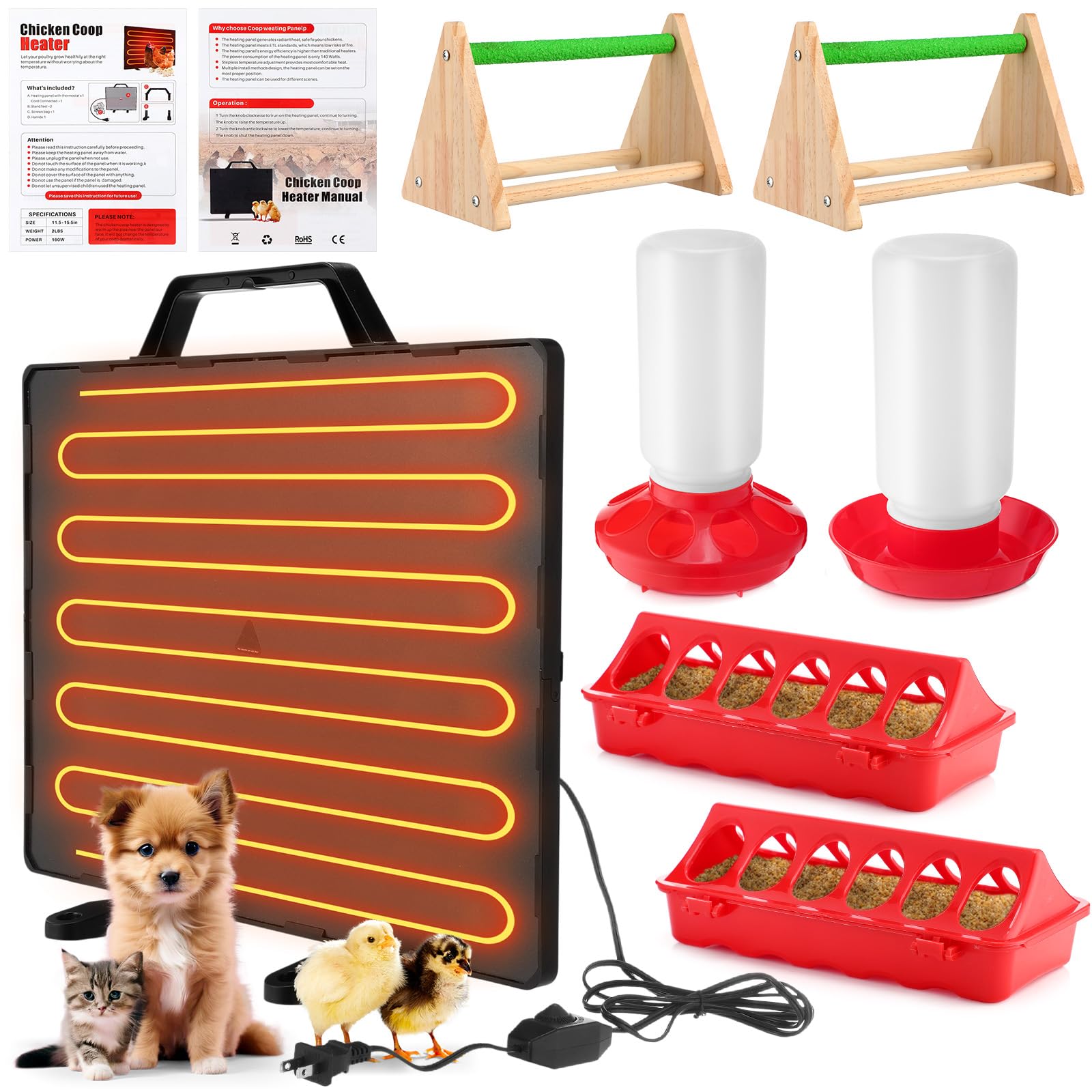 VIHOSE El kit de iniciación de pollitos incluye calentador de gallinero ajustable de 25.0 °C a 93.3 °C, panel de calor radiante de 0.8 galones y comedero de 1.3 kg y percha para pollitos y comedero de