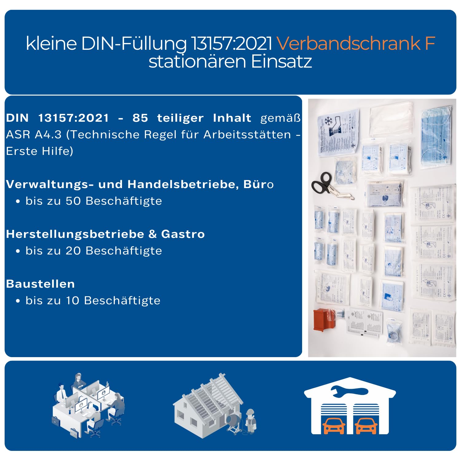 First Aid Products Erste Hilfe Verbandschrank F mit Sichtfenster – inkl. DIN 13157:2021 Füllung, Metall & Pulverbeschichtet, 1-türig - Büro, Betrieb, Schule, Kita & zu Hause - Weiß, 46 × 30 × 14 cm