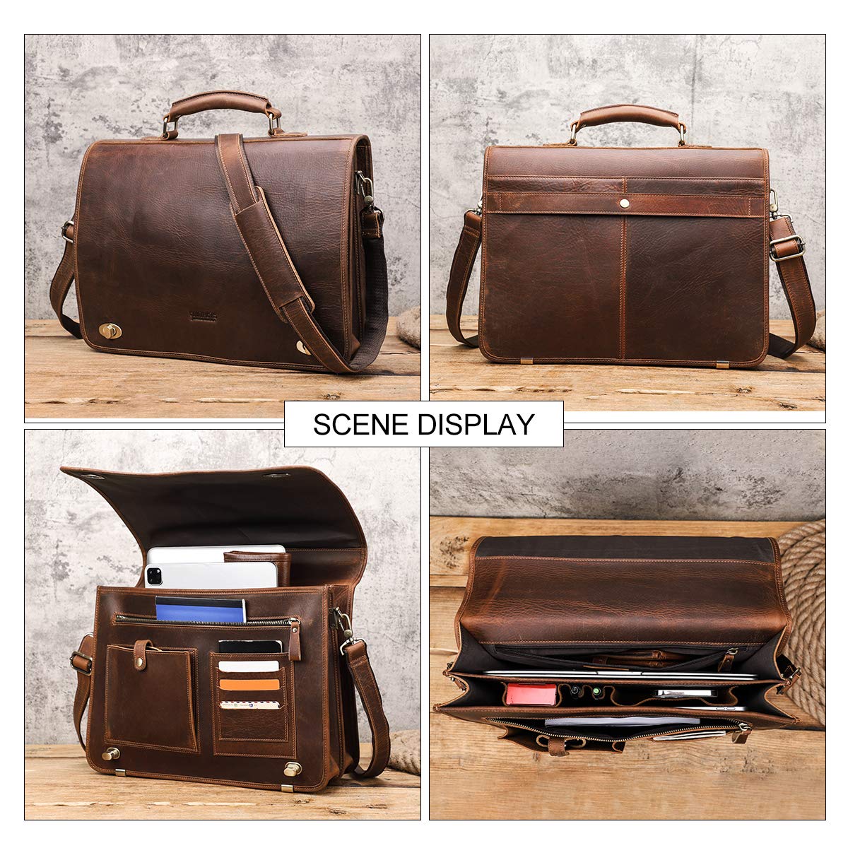 Contacts Maletín de piel auténtica para hombre de 14 pulgadas, bolso cruzado casual vintage para negocios, para hombres y mujeres, viajes, escuela, abogados, Marrón oscuro, 40,6 cm, Talla única