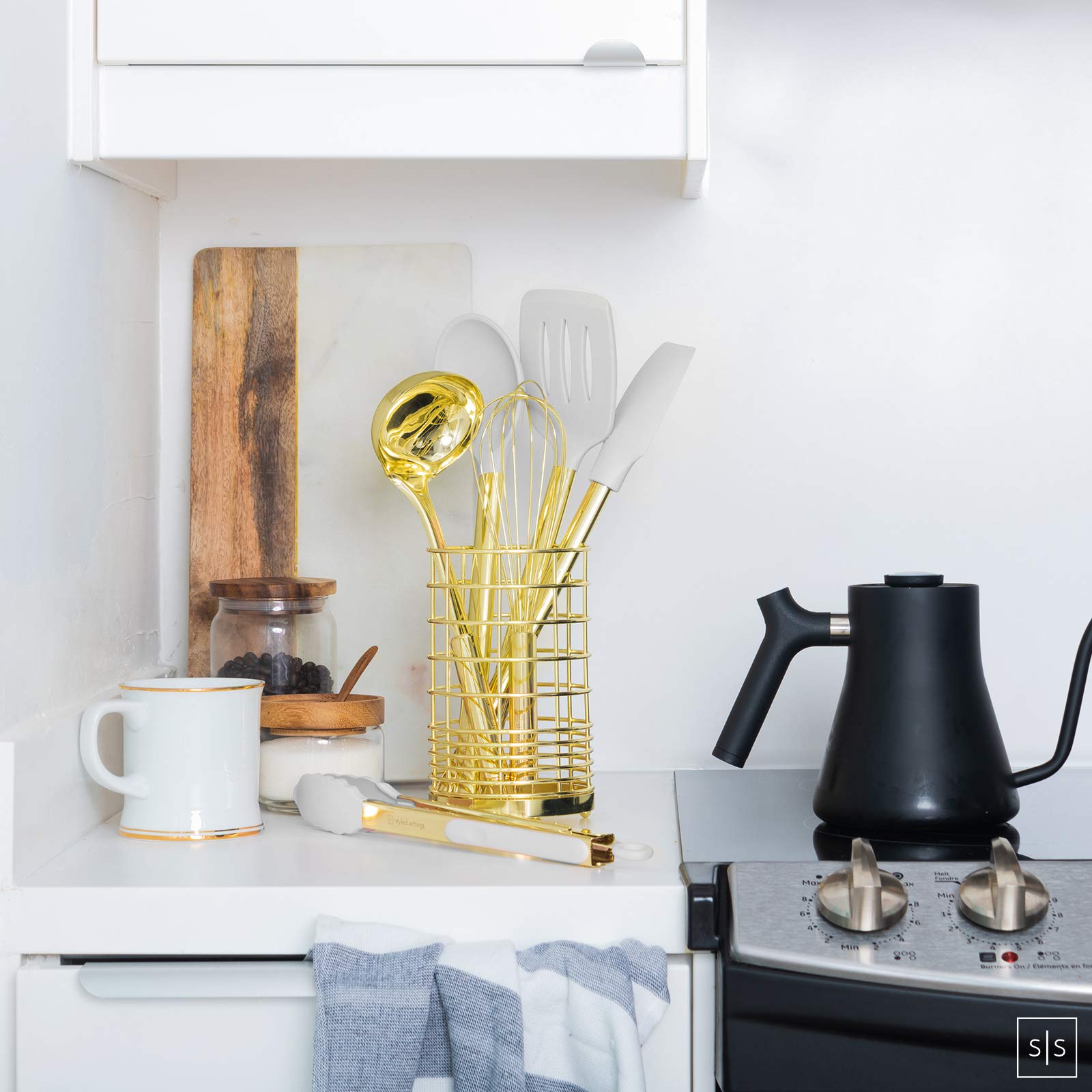 Buy White Silicone and Gold Cooking Utensils Set with Holder 7 PC Gold