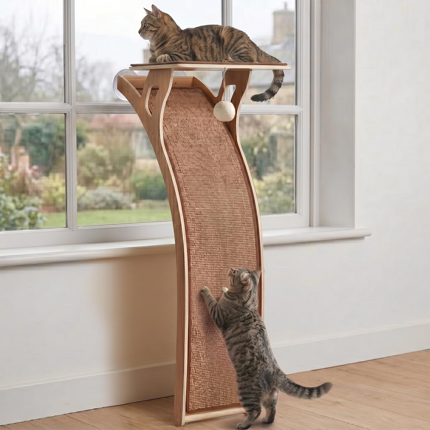 JKXJKX 119,4 cm pavimento finestra gatto trespolo con rampa graffio curva, 36,3 kg resistente finestra letto sedile con ventose, mobili per gatti di grandi dimensioni indoor bird watching