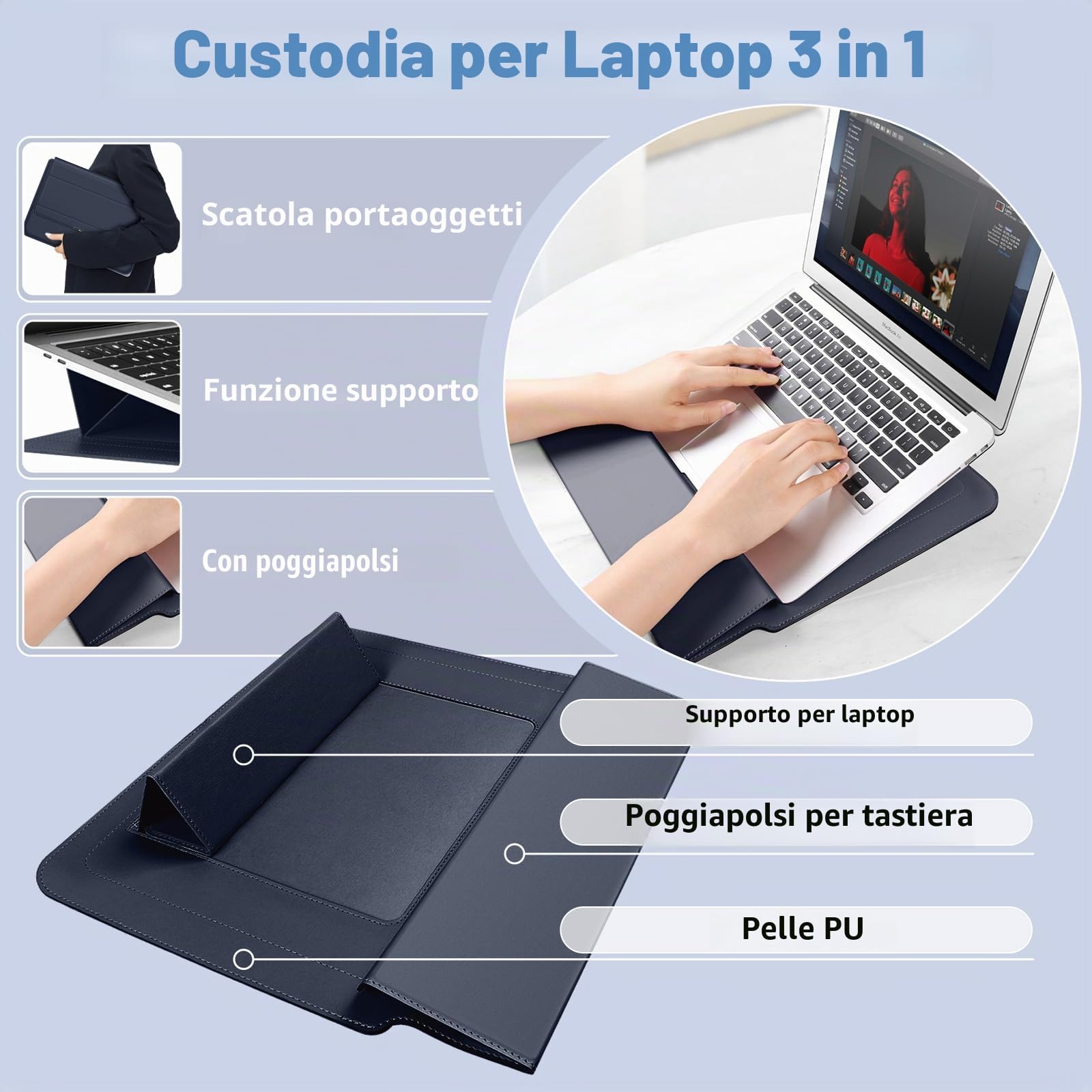 13 14 Pollici Custodie per PC Portatile Borsa con Funzione Stand per MacBook Air 13 M5/M4/M3/M2/M1 A3113 A2681 A2337, MacBook Pro 14 M5/M4/M3/M2 A3112 A3401 A3185 A2992 A2918 A2779 Blu