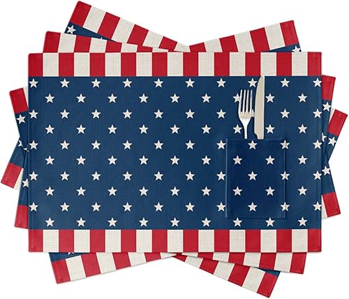 Juego de 4 manteles individuales para mesa de comedor, juego de 4 manteles individuales de algodón y lino con bolsillo, arpillera cuadrada,