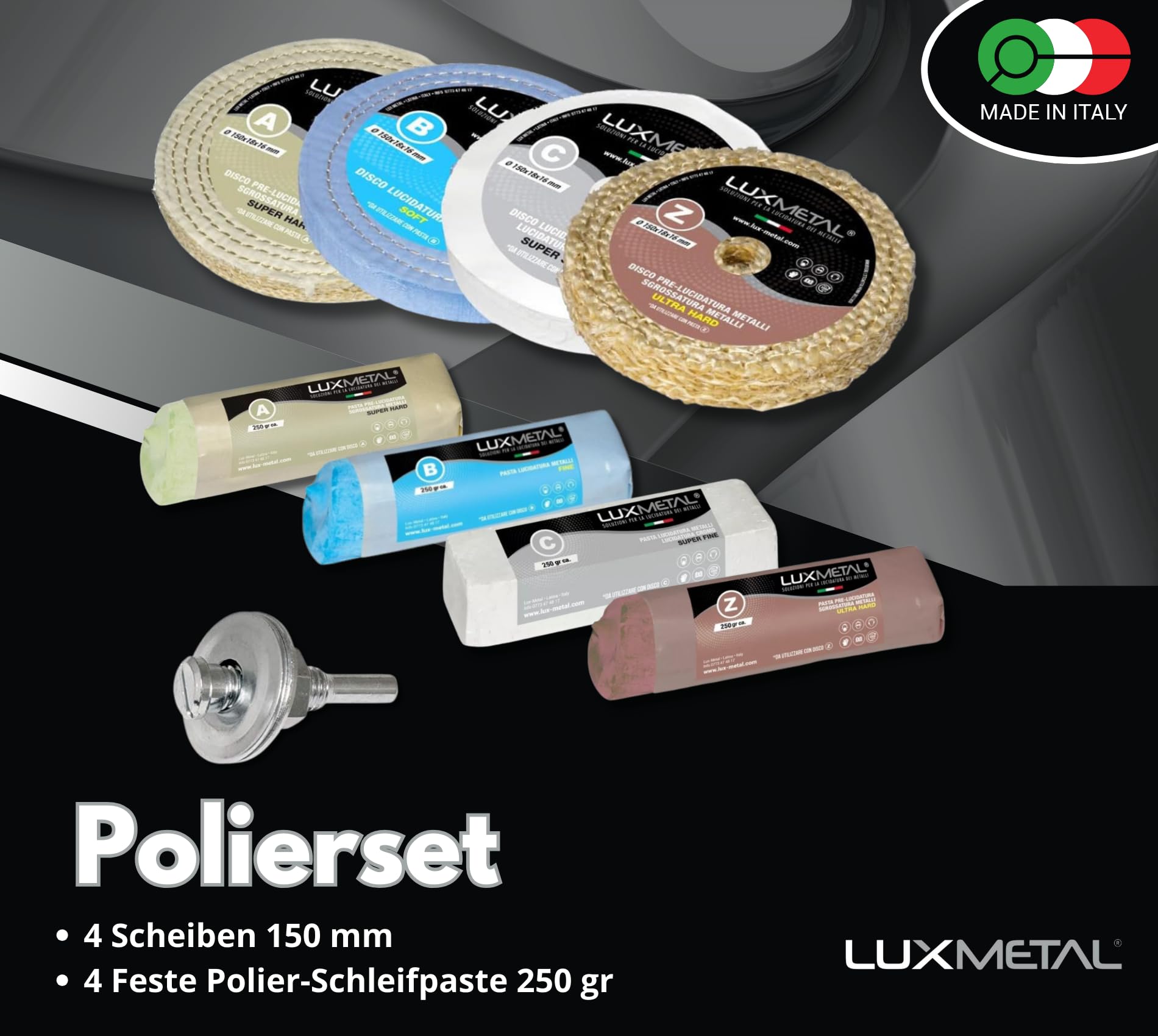 4 polierpaste 250 g - 4 Polierscheibe 150 mm Polierset set DIY kit Schleifpaste Metall Aluminium, Bank Poliermaschine, Edelstahl, Messing, Kupfer, Holz, Kunststoff, schleifmaschinen, messer