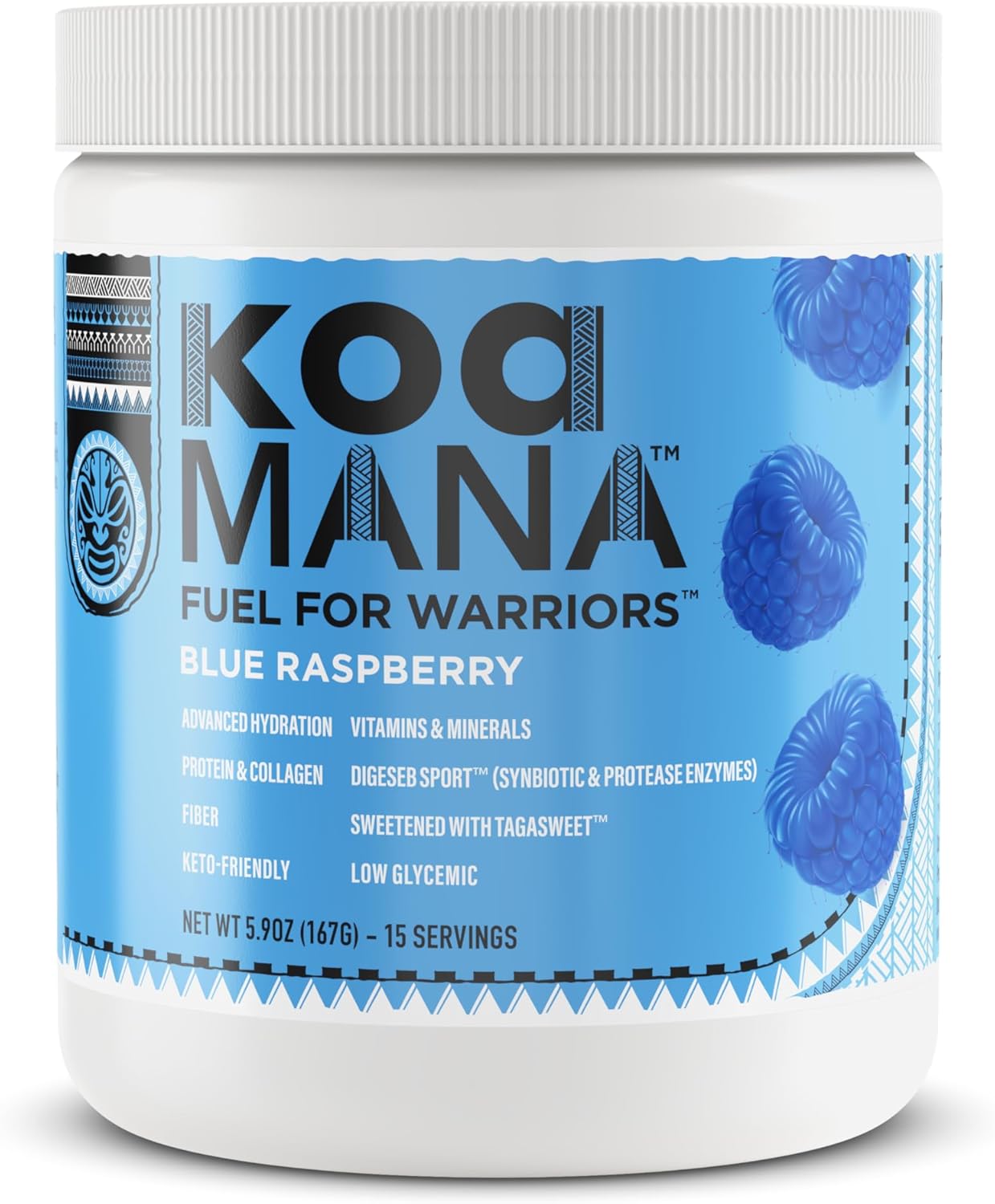 KOA MANA™ Superfood Hydration Drink Mix - Protein, Collagen, Fiber, Electrolytes, Vitamins & Minerals, Piperine, Protease Enzymes, Probiotics, Prebiotic, and Tagasweet™ - 15 Servings (Blue Rasperry)