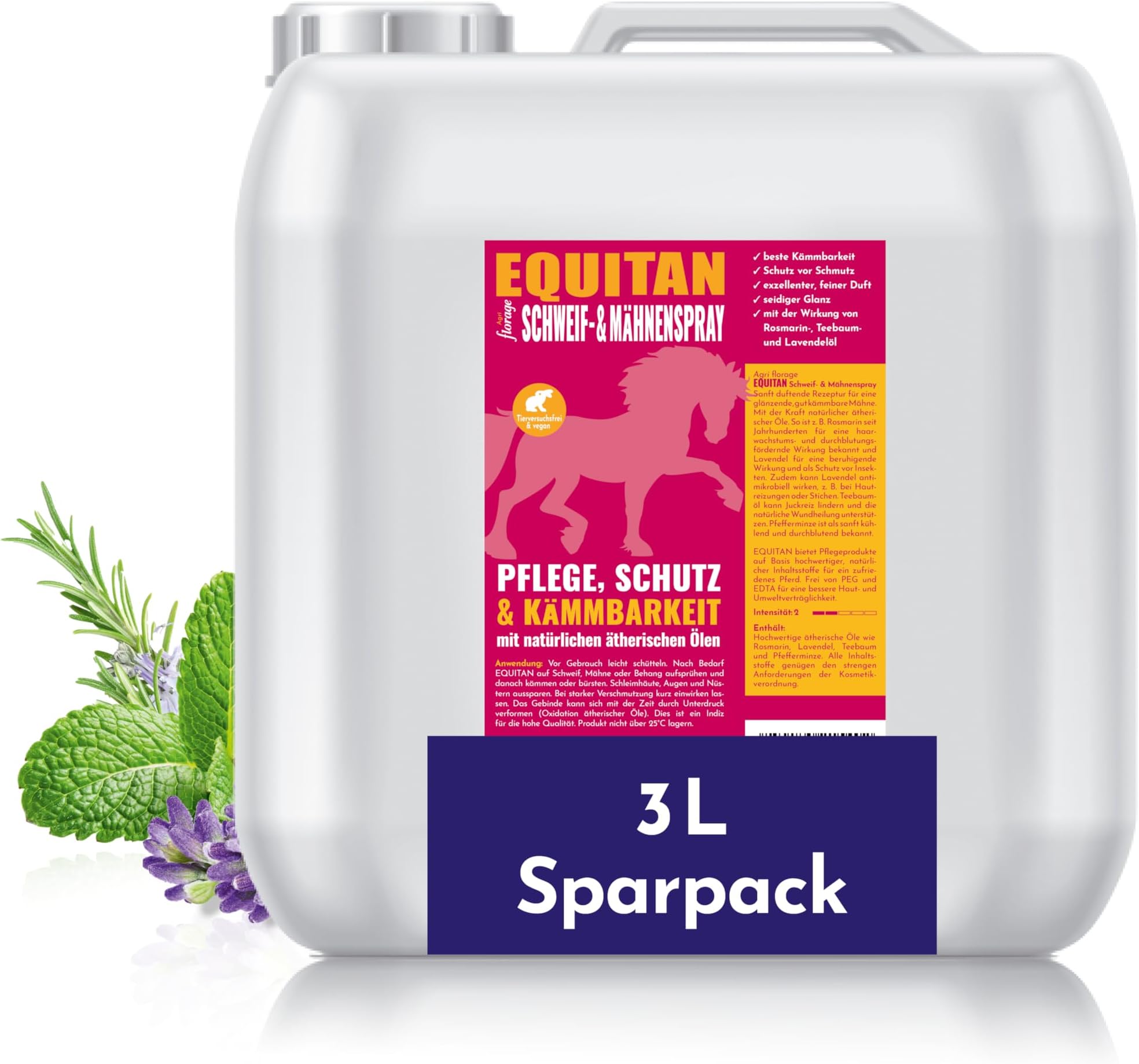 Equitan Tail & Mane Spray for Horses, for Care and Combability, with Essential Oils, No PEG and EDTA, Vegan, 3 L