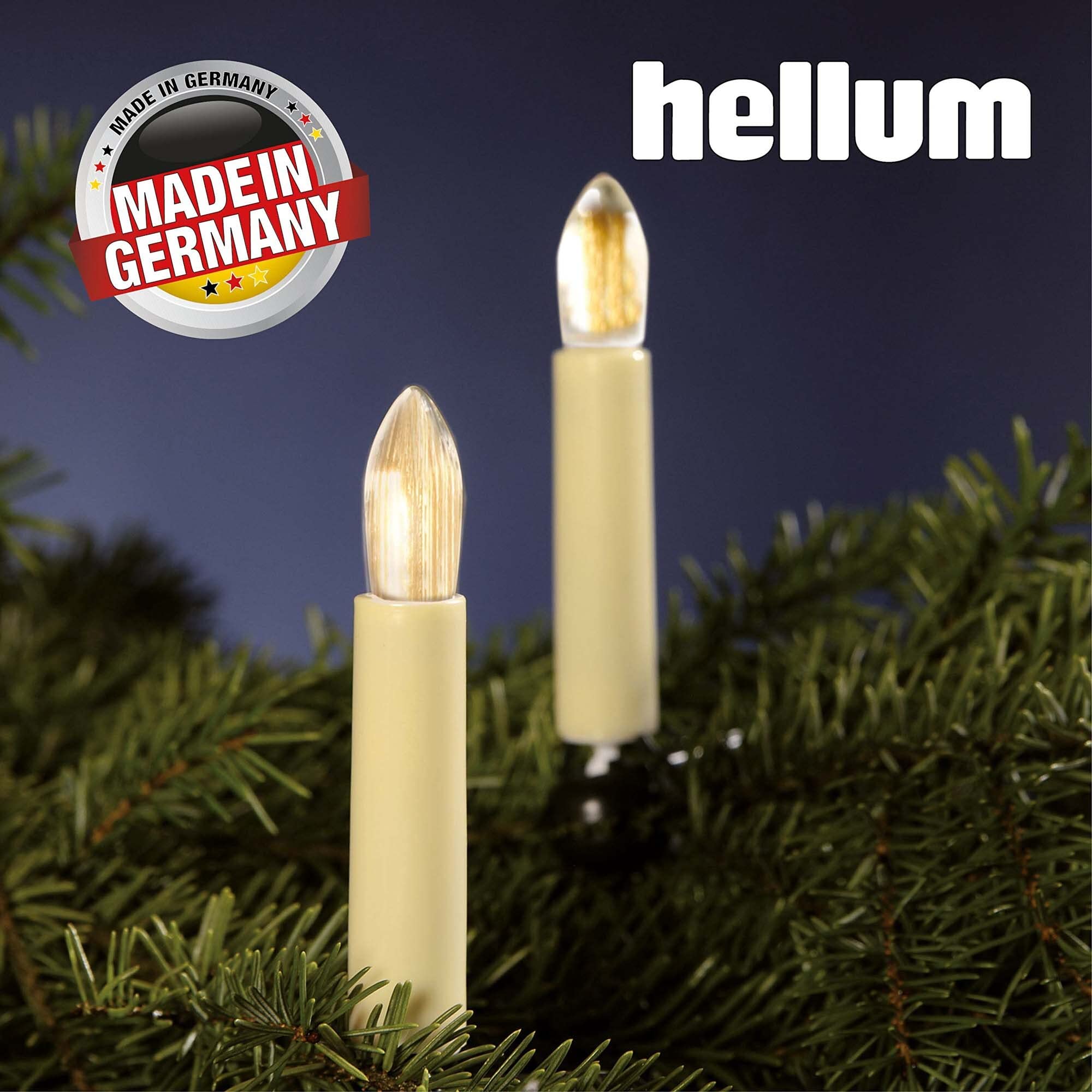 hellum LED Lichterkette Weihnachtsbaum, Made in Germany, Lichterkette mit Clip, 20 Lichter, beleuchtete Länge 13,30 m, Kabel grün, wamrweiß, für Innen, teilbarer Stecker, 3 Ersatzkerzen, <59lm 430165
