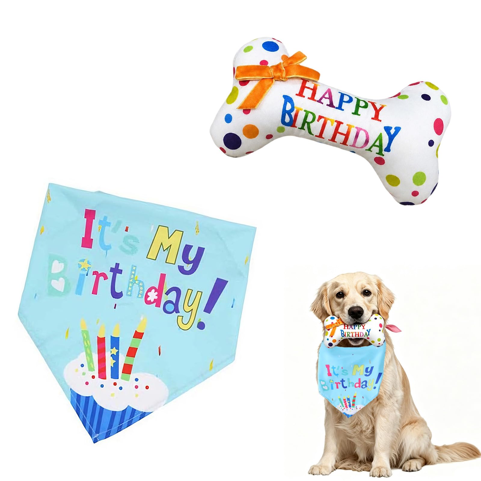 Psitzuzu 2 Pcs Dog Birthday Present, Birthday Bandana and Bone Design Chew Toys for Dog, Plush Birthday Toy and Decorations, Interactive Gift for Canine Companions Puppy Playtime Celebration