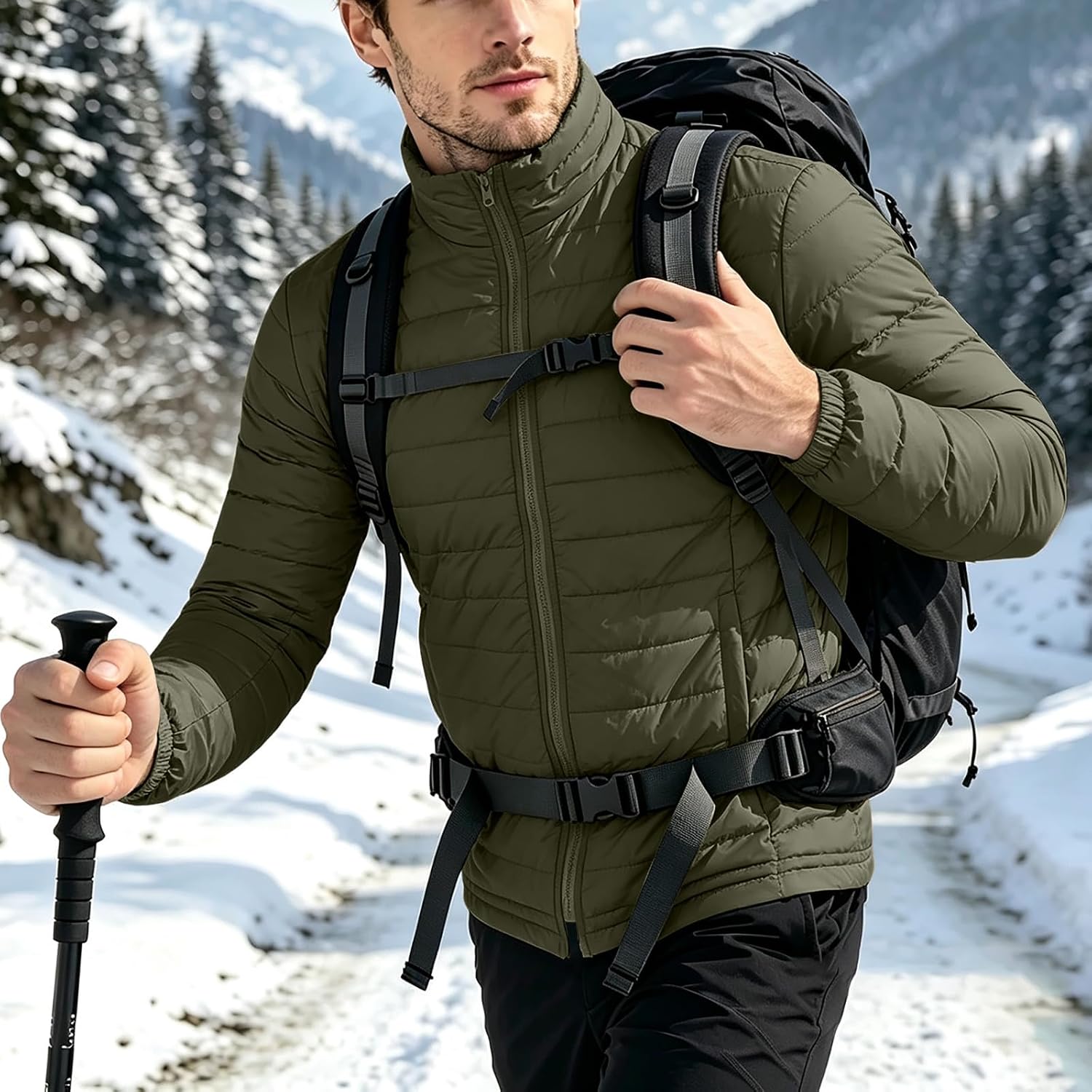 Men's Lightweight Puffer Jacket Stand Collar Full Zip Quilted Coat