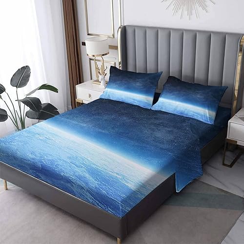 NOGAWA Juego de sábanas de tamaño Queen, diseño de cielo azul, sábanas y fundas de almohada, 4 piezas, sábana bajera ajustable de microfibra suave
