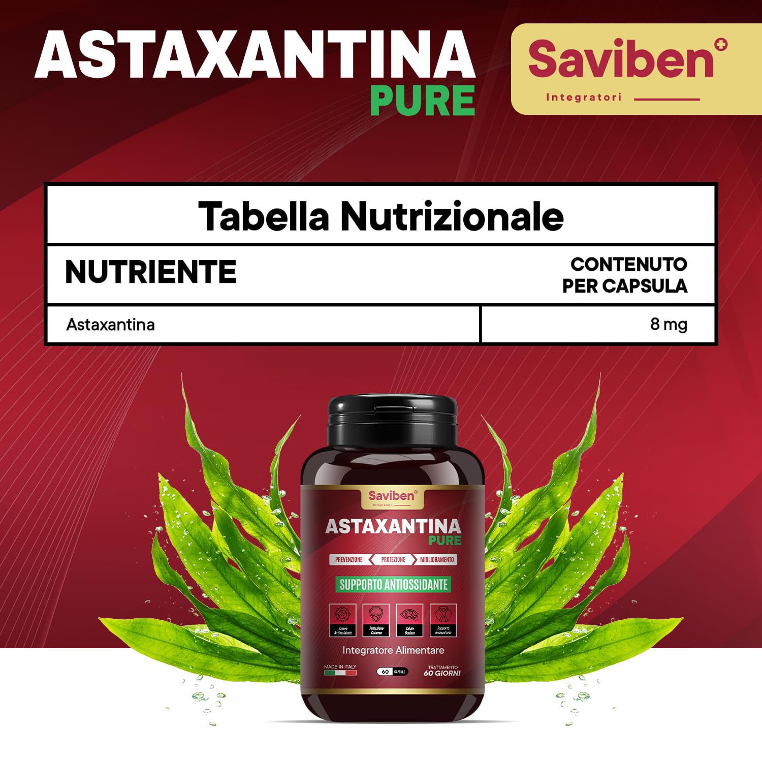 PREZZO LANCIO Astaxantina 8mg/dose Potente Antiossidante Naturale Supporta la Salute di Occhi, Pelle, Articolazioni e Difese Immunitarie Capsule Facili da Ingerire Dosaggio Giornaliero Raccomandato