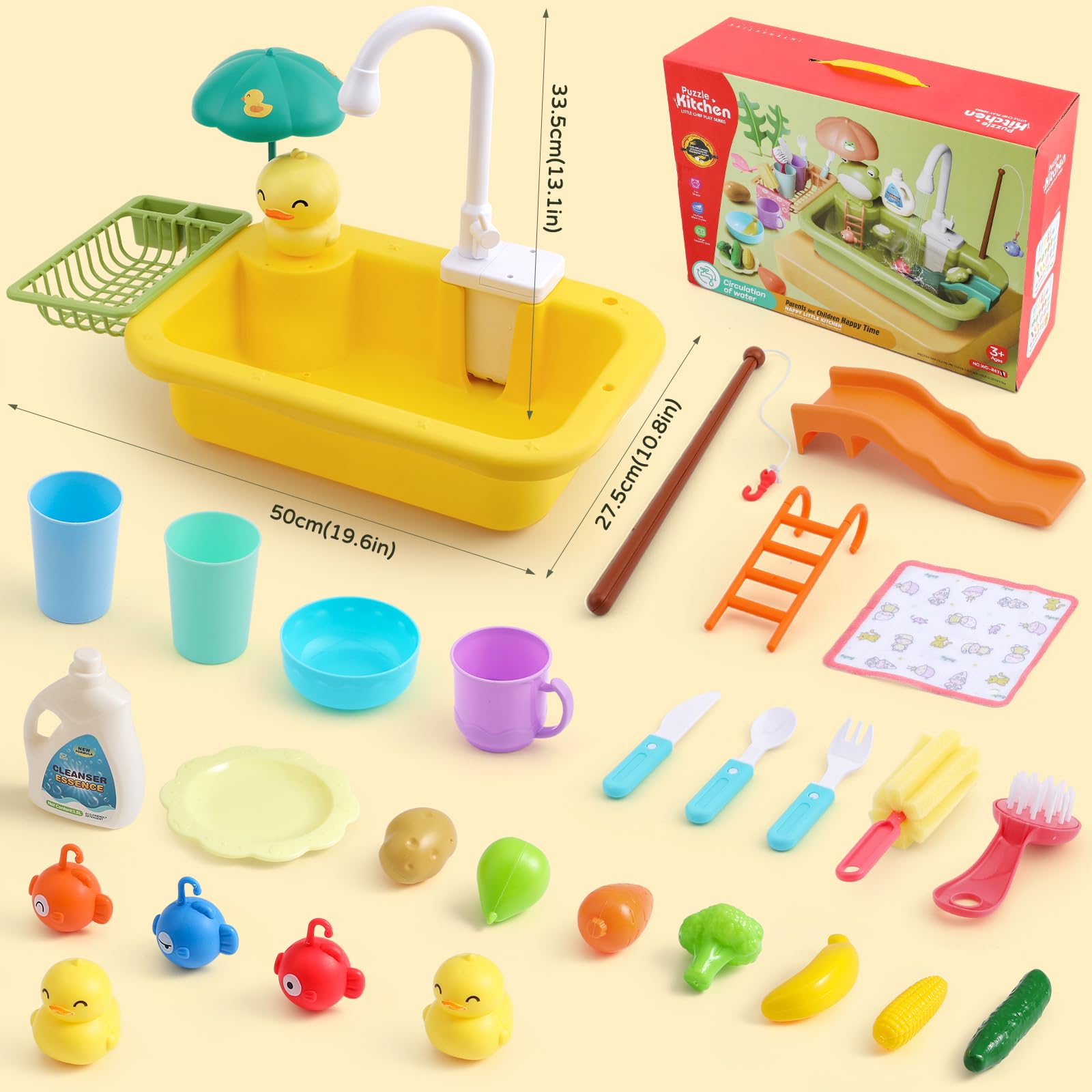 FRUSE Cocina de Juguete, Juguetes para Fregadero de Cocina con Lavaplatos,Grifo Eléctrico,Utensilios Cocina Juguete,Juguetes de Pesca Flotantes,Juegos de Rol para Niños y Niñas de 3 4 5 Años(Amarillo)