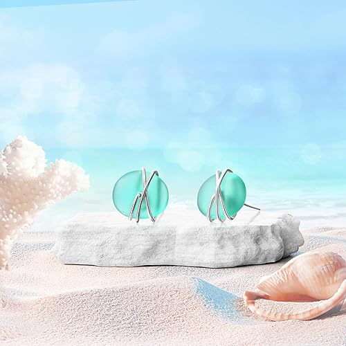 Miniatura 3 de Sea Glass Earrings,CARPDIM S925 Sterling Silver Hypoallergenic Handmade Stud Post Earrings Beach Glass Fashion Handcraft Jewelry earrings stud for