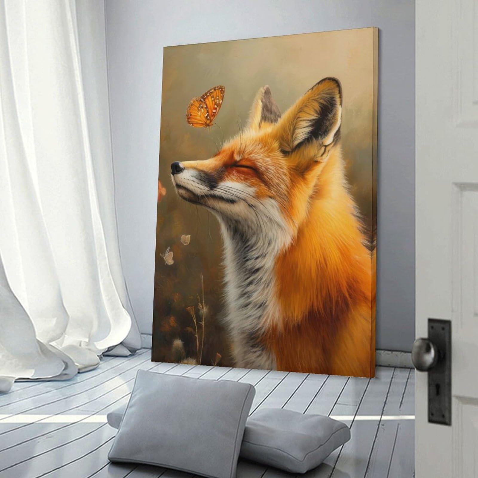 Junmoney Frame-Style-11 Fox And Butterfly Room Decor Wall Art, 20X30inch(50X75cm), For Living Room, Bedroom, Office Or Hallway, Decorative Artwork With Broad Appeal