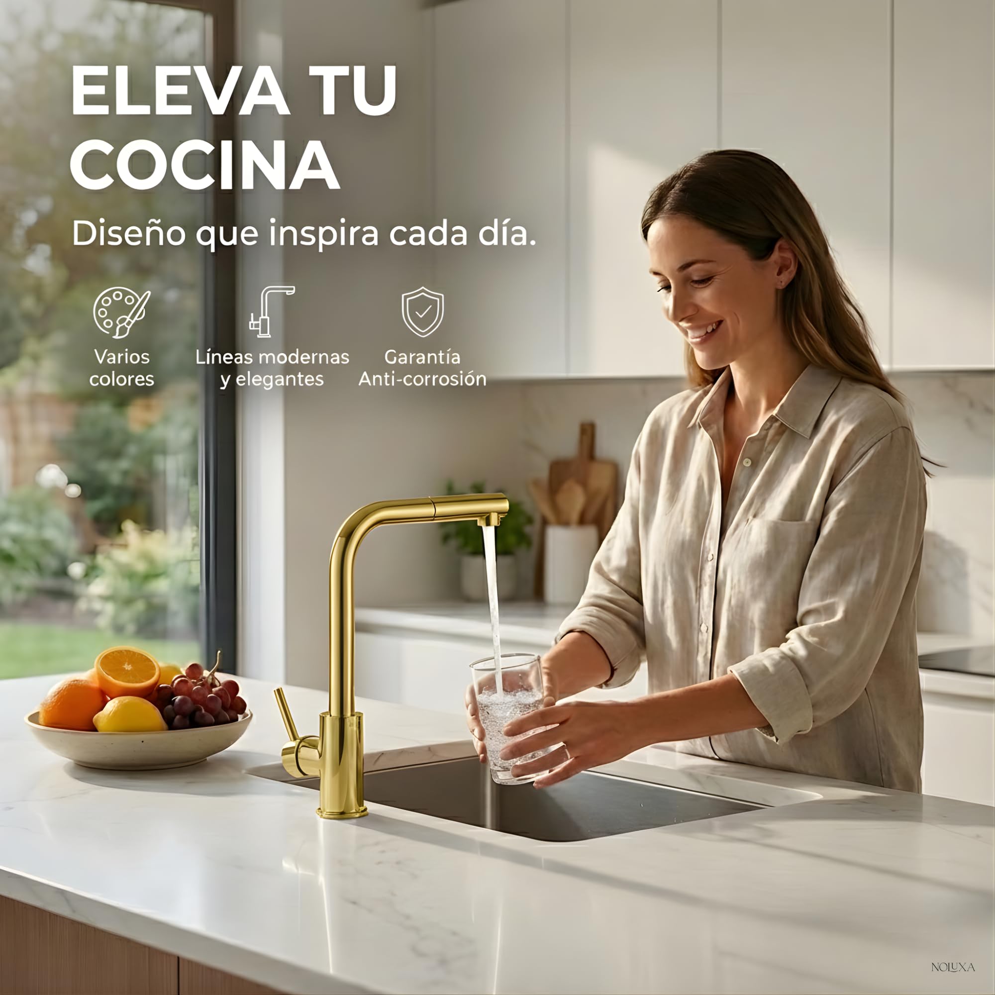 IMEX - Grifo Cocina Dorado Extraíble | Grifo Monomando Fregadero | Griferia Cocina con Ducha Flexible 360º | Grifería en Latón | Serie Malta | Color Oro Cepillado