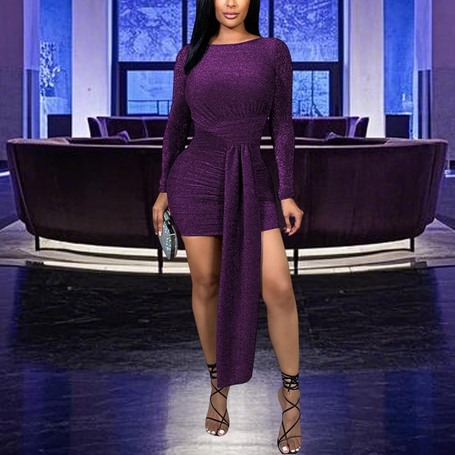 Women's Casual Round Neck Long Sleeve Night Club Party Sexy Sparkly Bodycon Wrap Mini Dress