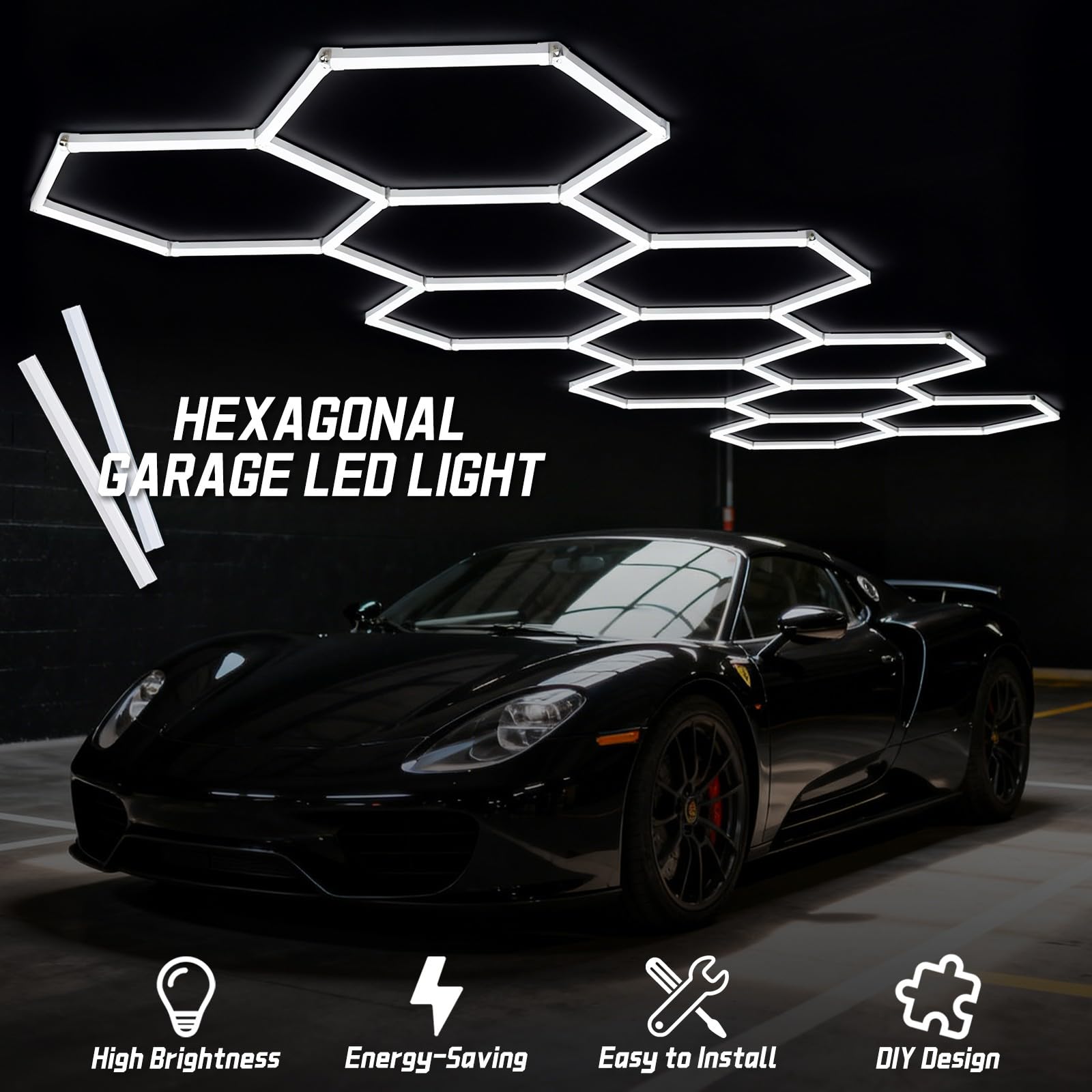 Lampes LED Hexagonales pour Garage 6500K Blanc Lumière du Jour – Éclairage Ultra Lumineux Reliable, Idéale pour Rénovation de Garage, Entrepôt & Gym 11 Hex