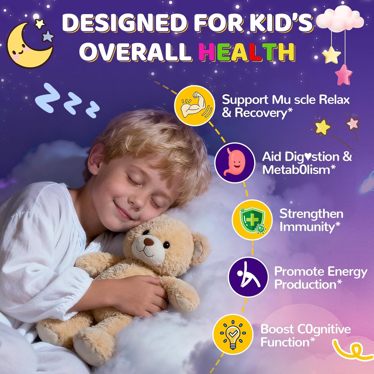 Magnesium Glycinate Gummies for Kids 4+: Sugar Free Chewable Organic Magnesium Gummy with L-Theanine Vitamin B12 B6 D3 Zinc Omega Calcium - Natural Zzz Support Non-GMO Berry Flavor(60Count)